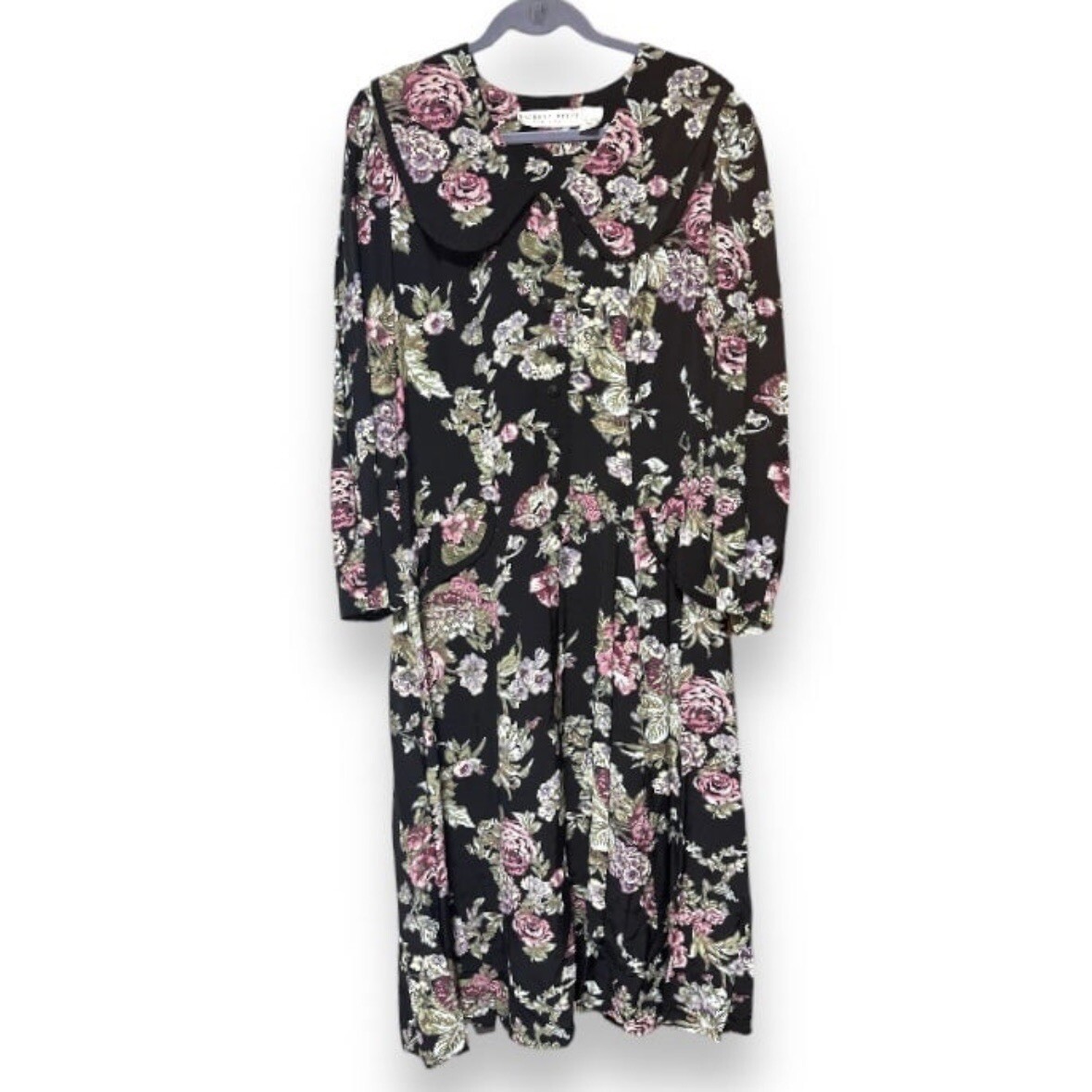 Vintage 80s Kathryn Deene Black Floral Collared Midi Dress Plus Size 18 Garden