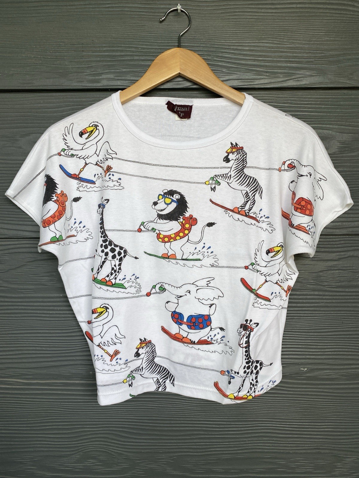 Vintage 80s Animal Water Skiing Shirt AOP Womens Medium Cute Summer Elephant