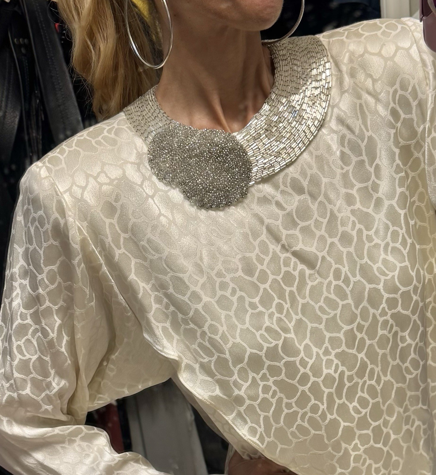 Vtg A J Bari Isaacson’s Ivory Off White Leopard Beaded Neckline Shoulder Dress