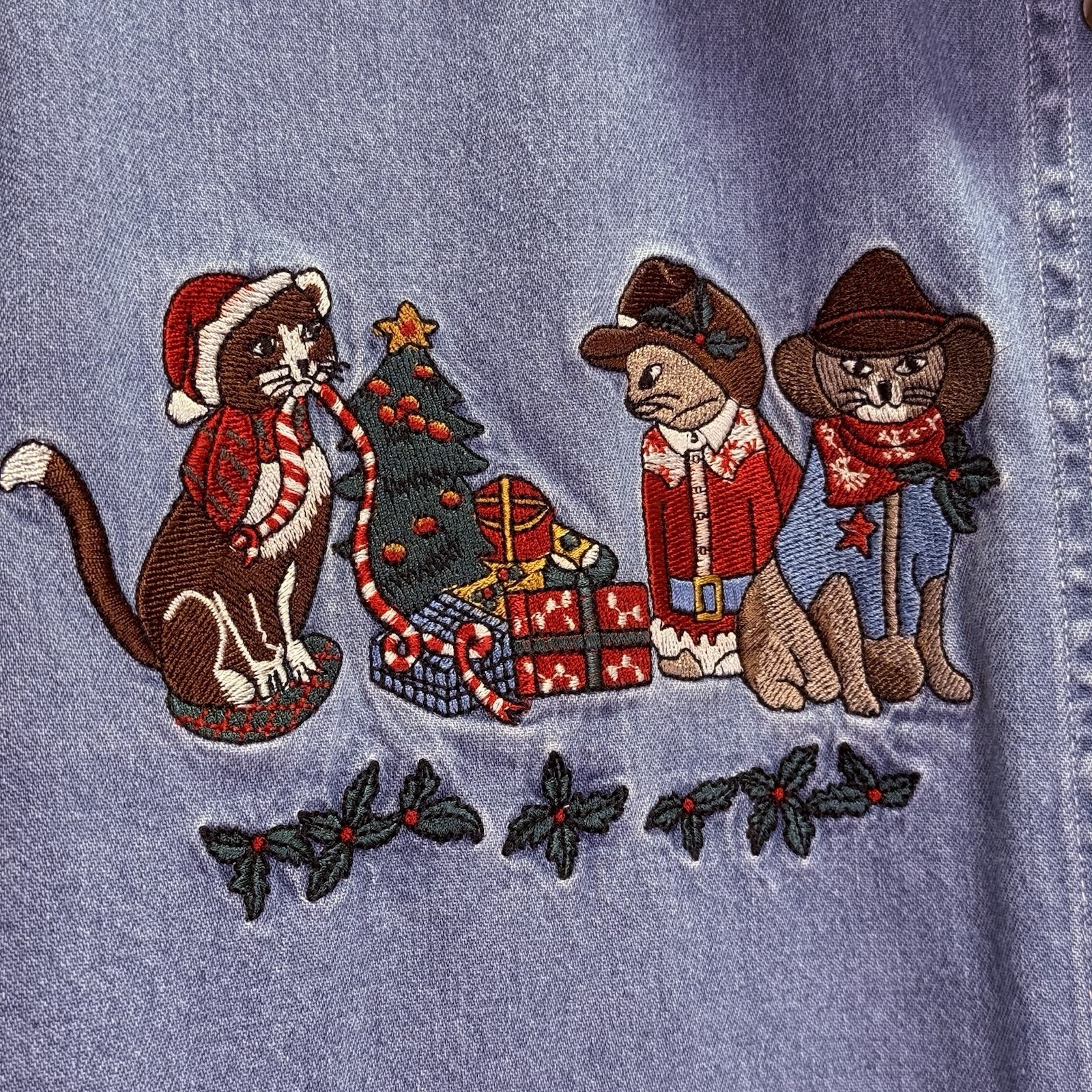 90s Let’s Quiz Again Ugly Christmas Denim Shirt Western Cowboy Cats L Cat Lady