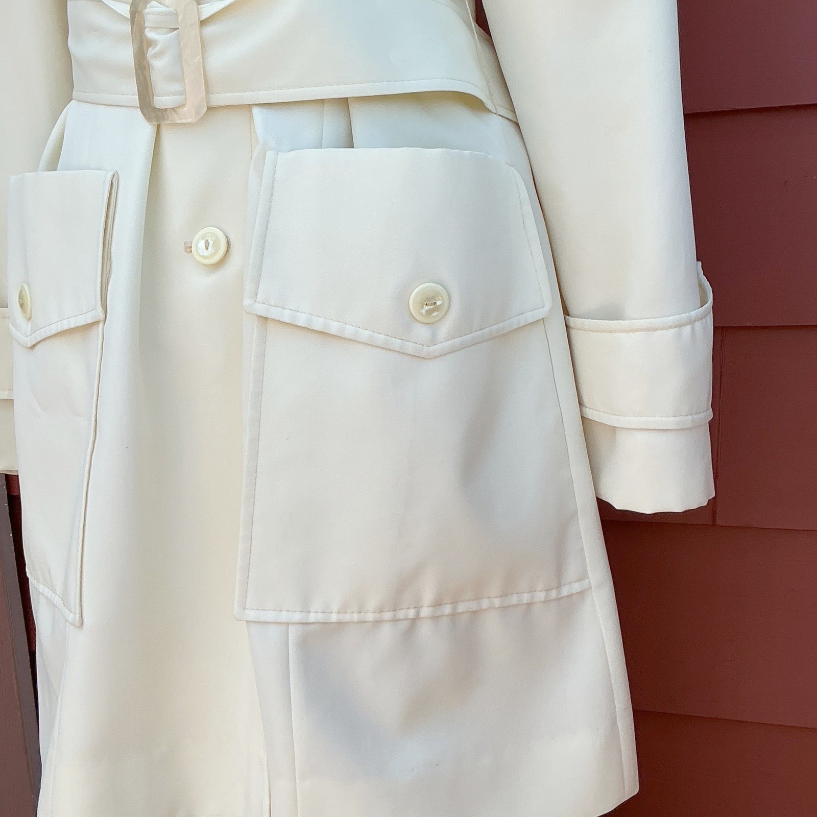 Vintage 70s Betty Rose Ivory Belted Rain Coat Womens M Jackie O Mod Trench USA