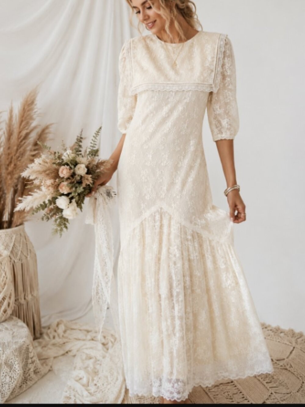 Jessica McClintock Gunne Sax Drop Waist Dress Lace Overlay Prairie Bridal Size 8