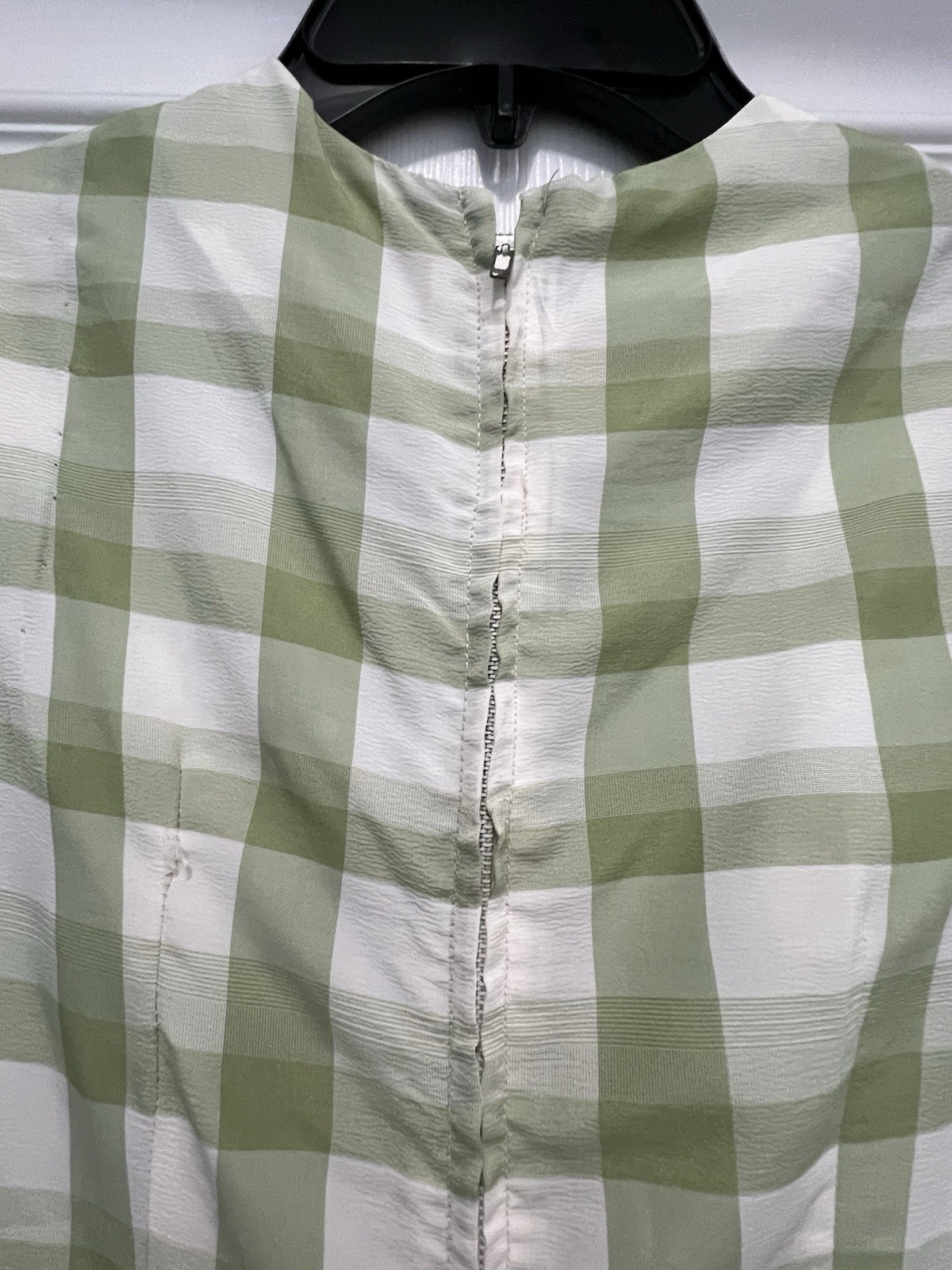 Vintage 1940-50’s Green Gingham Check Dress Zip Pleated No Sleeves XS Homemade
