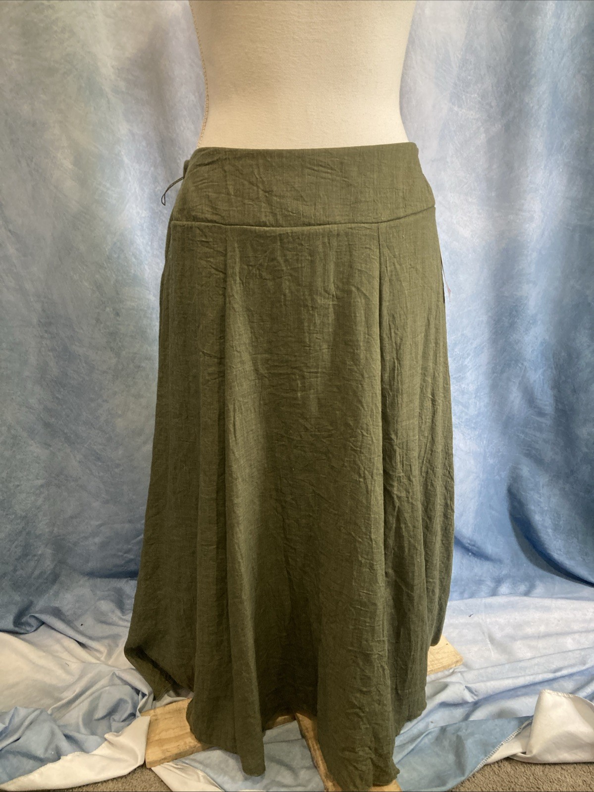 Vtg 90s Y2K Laura Scott Olive Green Crinkle Panel Midi Skirt NWT Boho Fairycore