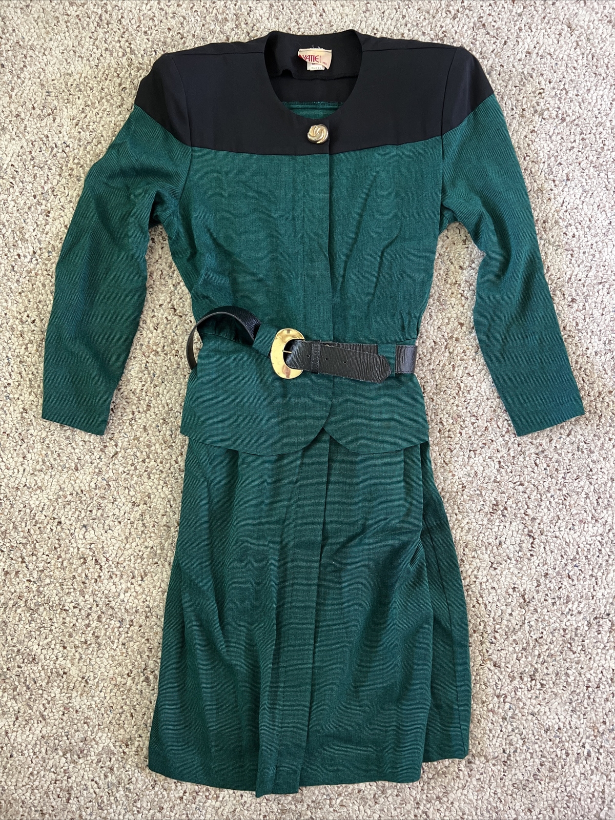 Vintage Katie Mfg Dress Green Black Professional Midi Length Union Made Size 12