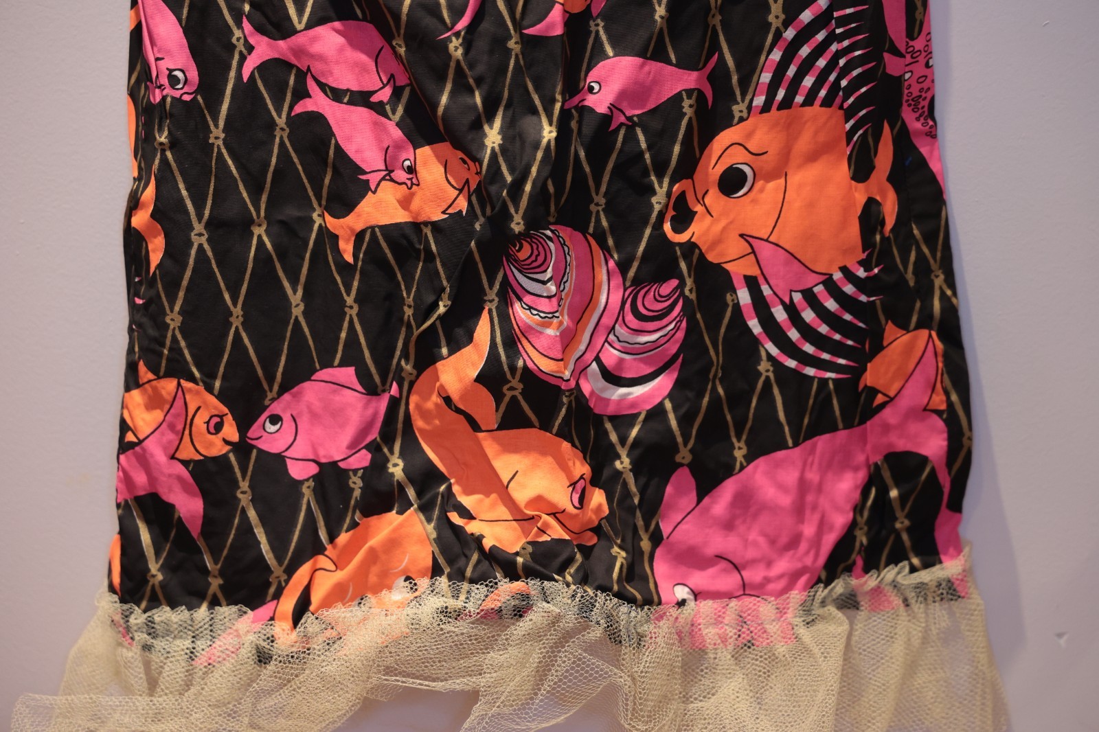 Vintage Sleeveless Dress Fish Octopus Sea Black Gold Pink Orange S/M *** RARE