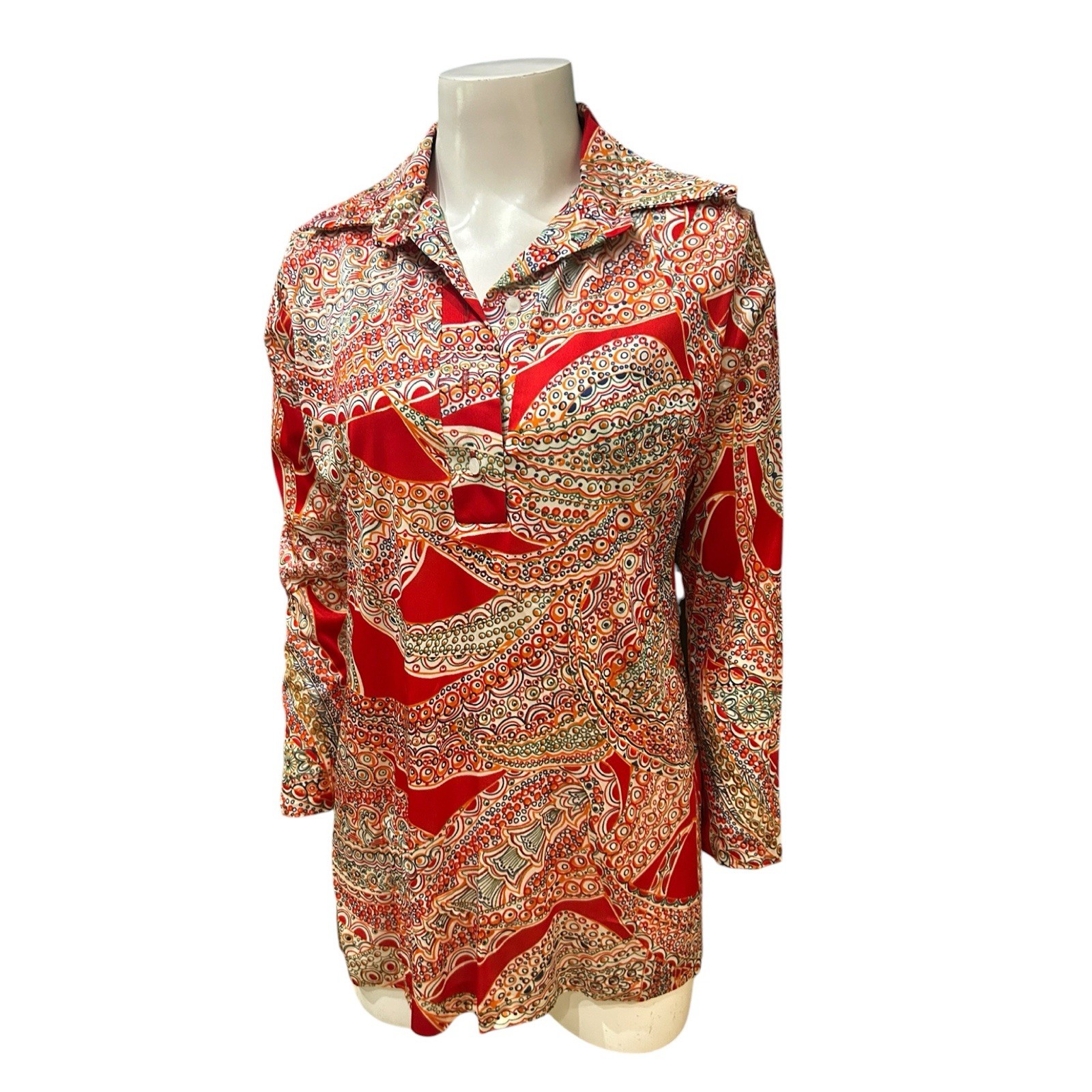 70s Disco Paisley Top Red Psychedelic Pop Art Polo Shirt As Is Medium