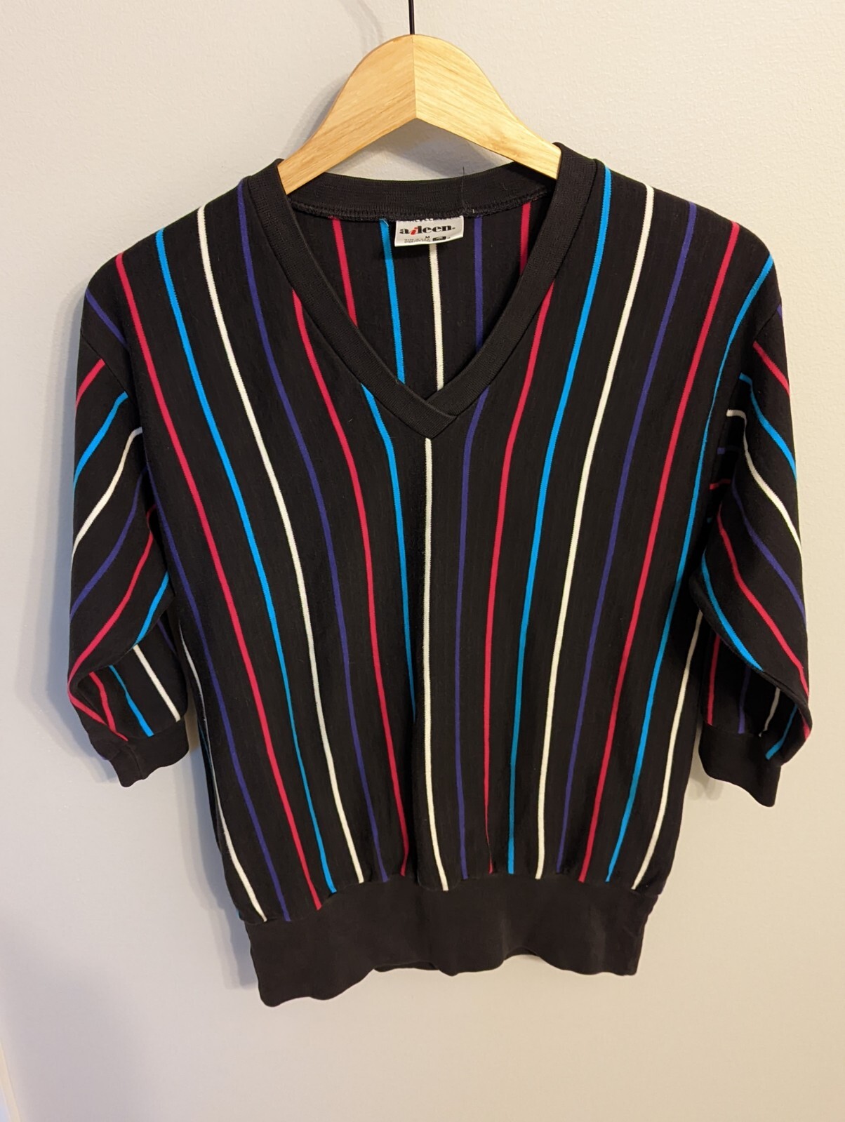 Vintage 80s 90s Aileen 3/4 Sleeve Sweatshirt Vneck Shirt Size M Black Stripes