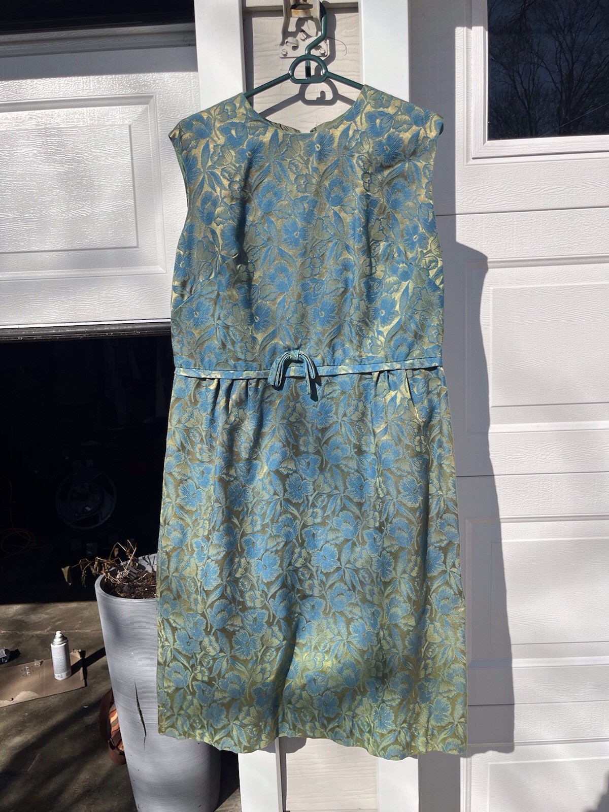 Vintage 1950s 1960’s Dress Brocade Green Gold Floral Sleeveless With Jacket M/L