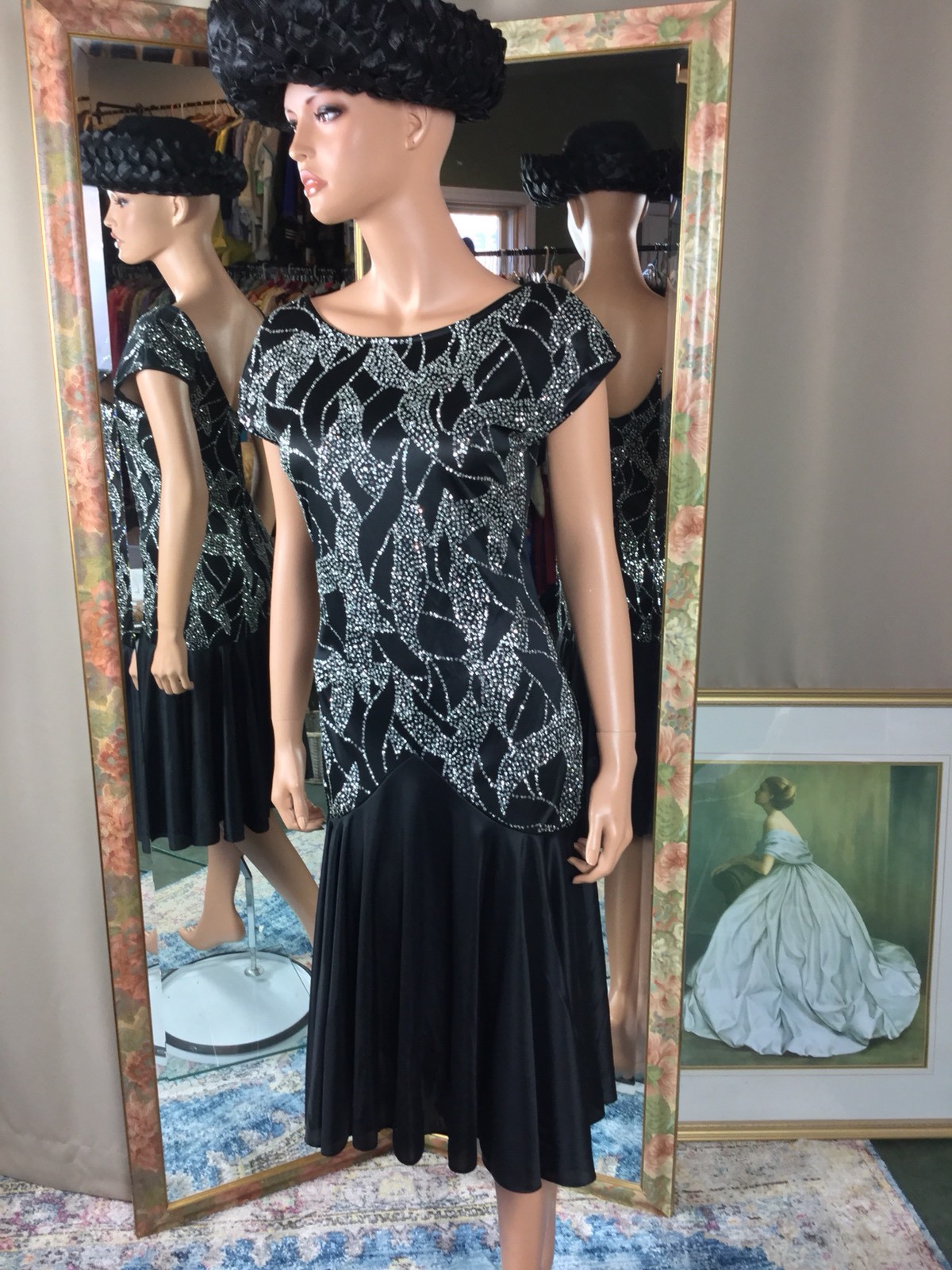 VTG Jodi Lauren Black Drop Waist Low Back Glittered Flapper Style Dress Sz 7/8