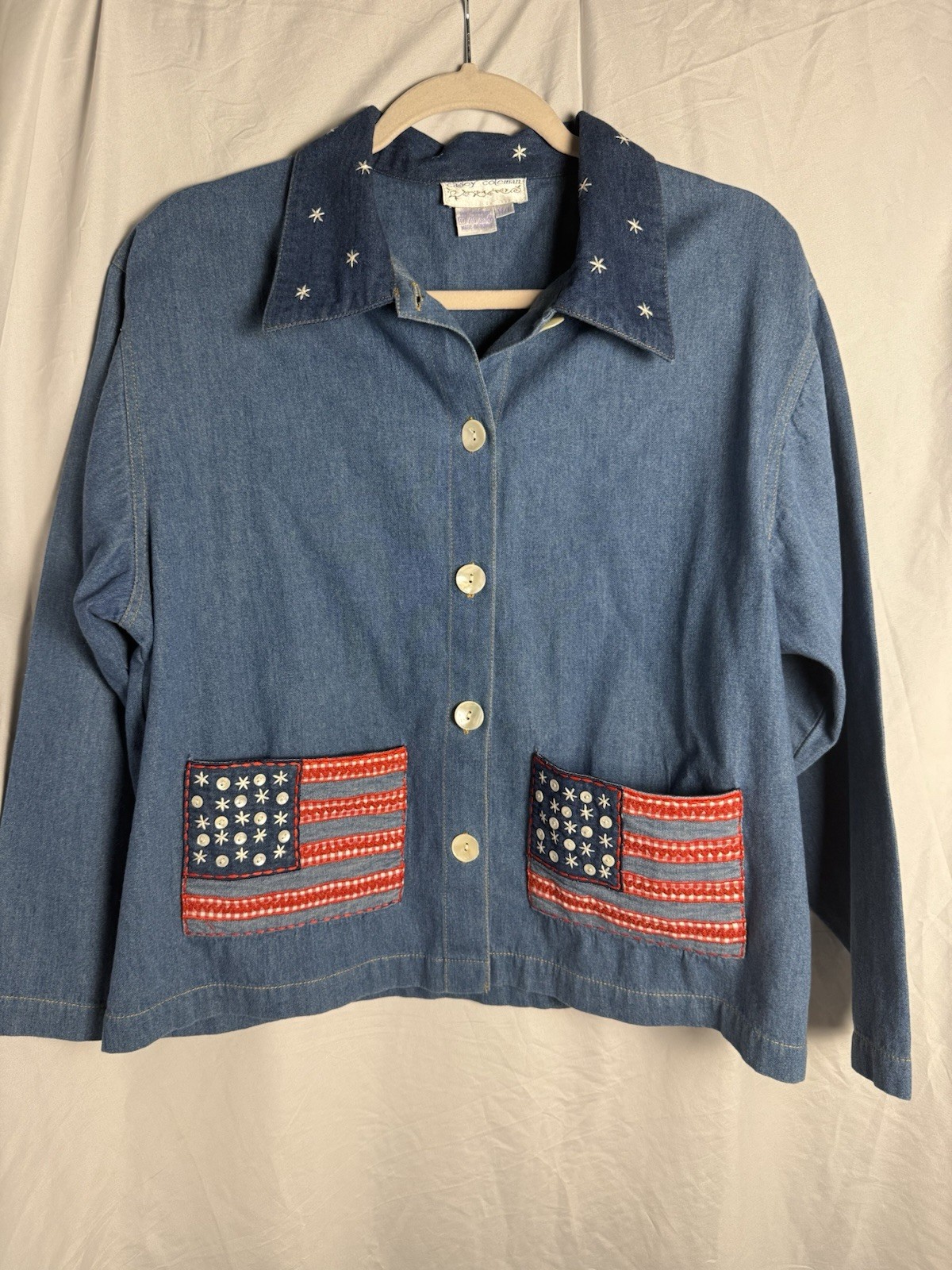 VTG Casey Coleman Denim Jacket American Flag Patchwork Patriotic USA Western