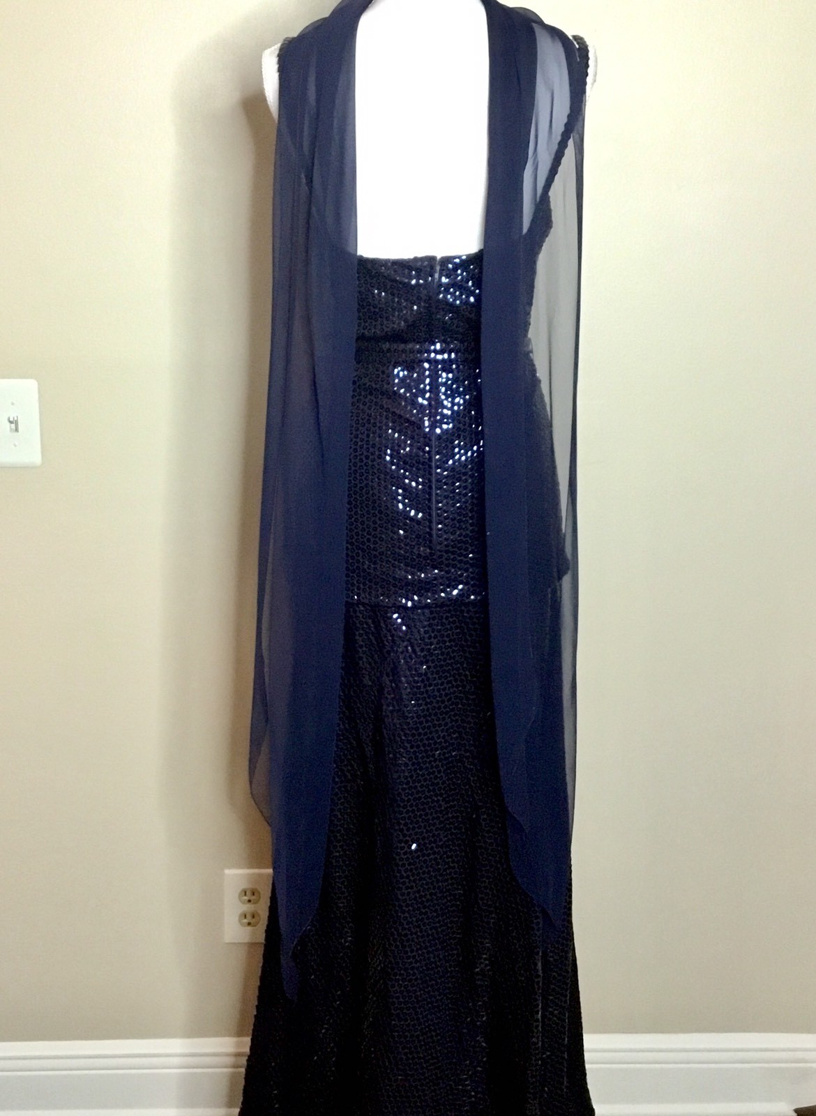 Vtg Kiki Hart New York Women’s Evening Gown Navy Blue Sequin W Peplum And Scarf