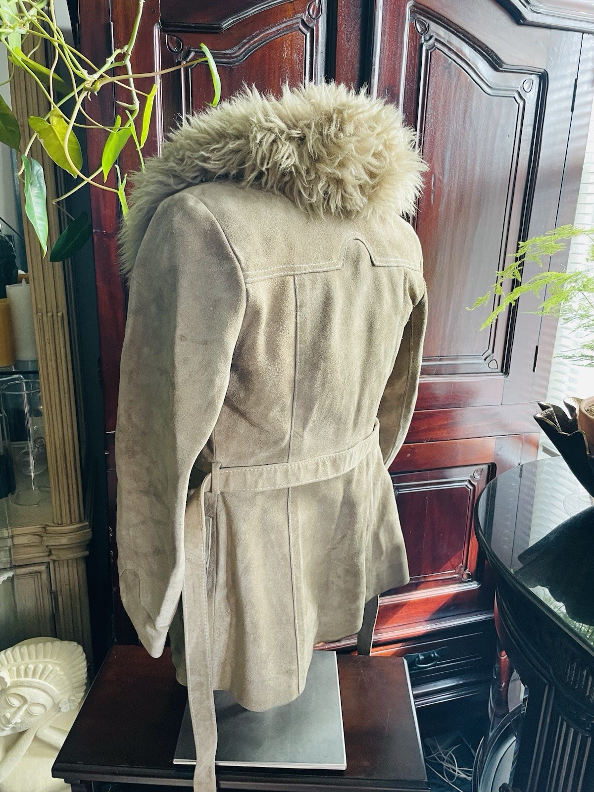 Suede Leather Jacket with Faux Fur Collar