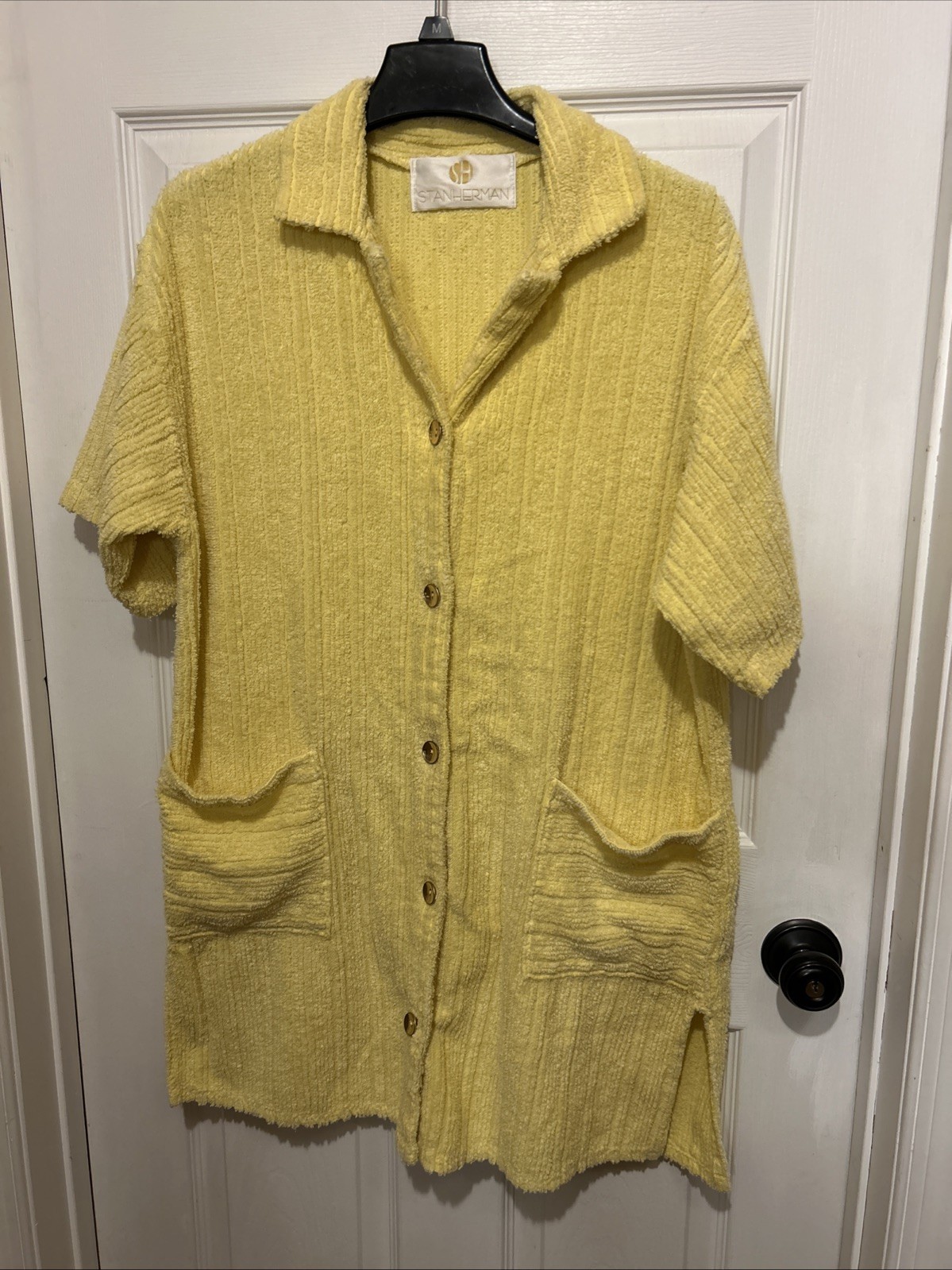 VTG Stan Herman Chenille Robe Yellow ButtonFront Made in USA 70s 80s So Soft, M