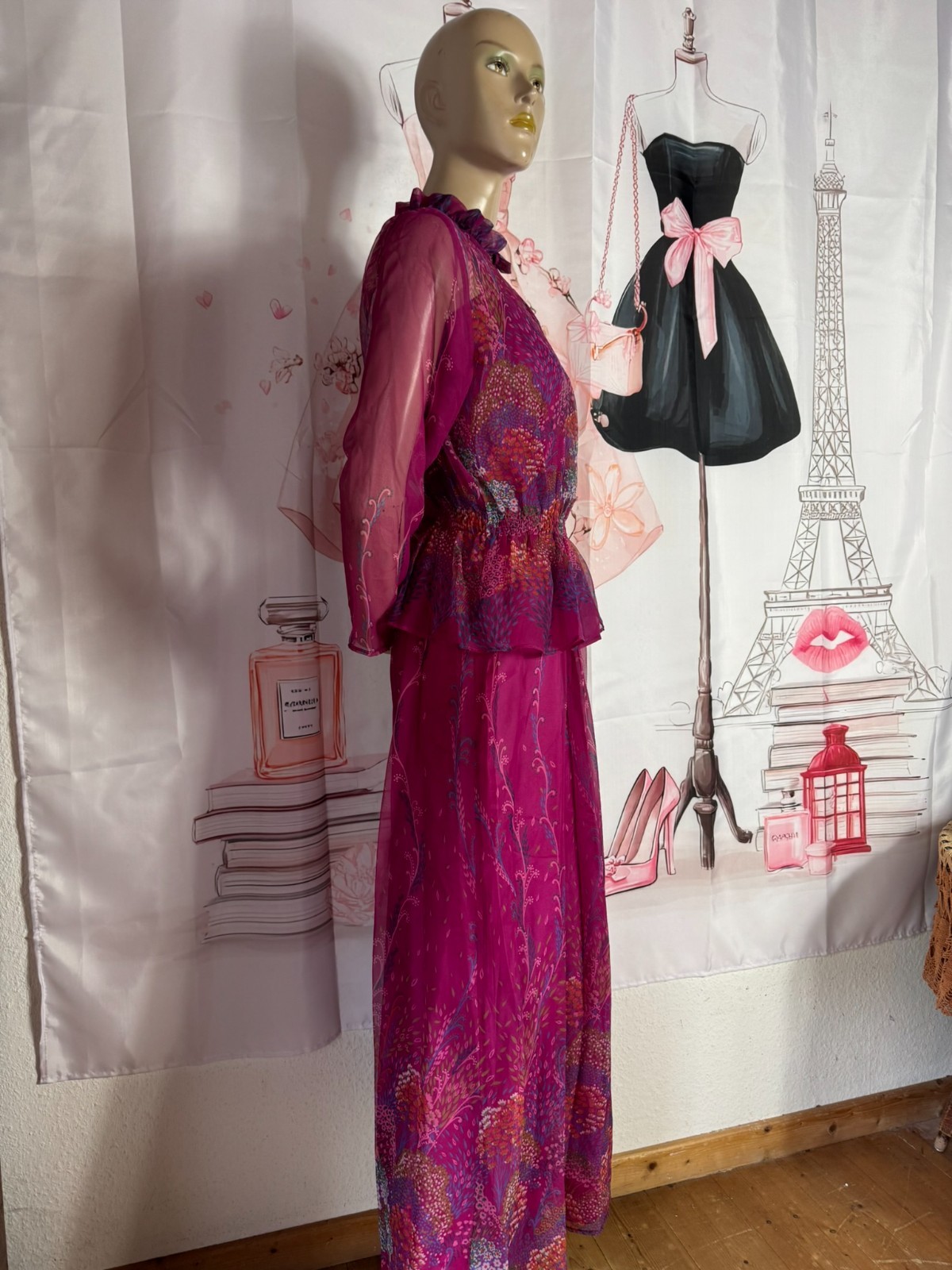 Vera Mont Vintage 70s Chiffon Maxi Dress Two Piece Pink Boho Size 32/34