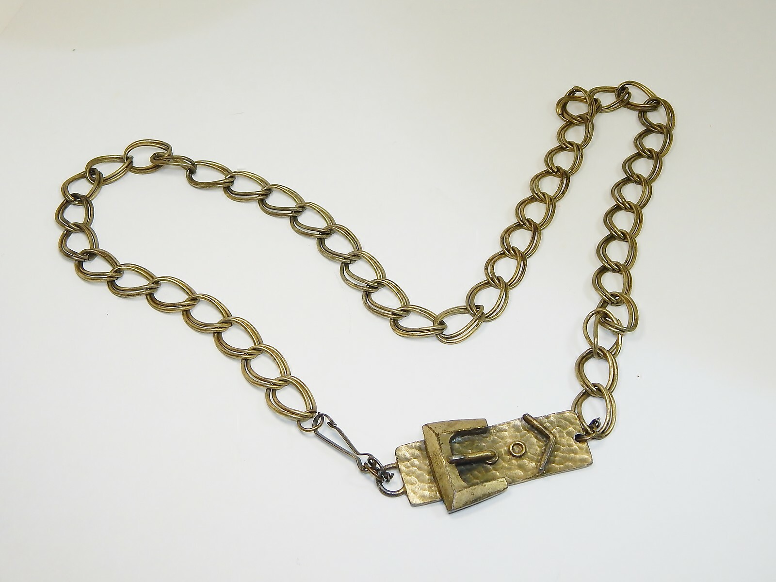 BRASS CHAIN BELT & BUCKLE, Vintage Womens 38″ Heavy Duty Brass Double Loop Chain