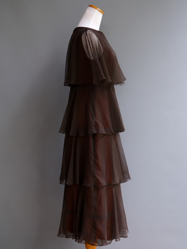 VTG 70s Marita Anthony Muto Diaphanous Tiered Brown Sheer Chiffon Disco Dress S