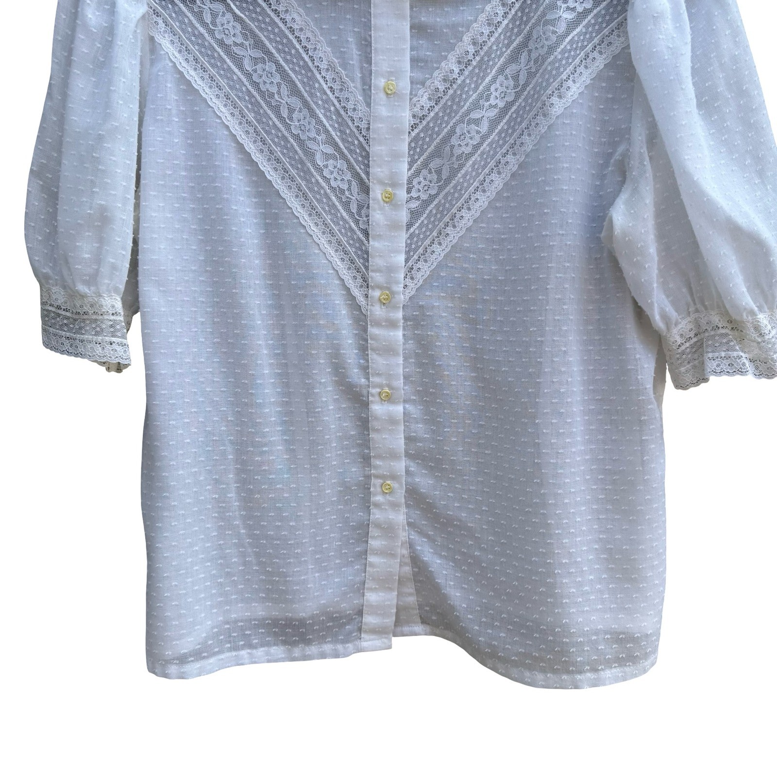 Alice Stuart Vintage Coquette White Swiss Dot Lace Puff Sleeve Blouse Victorian