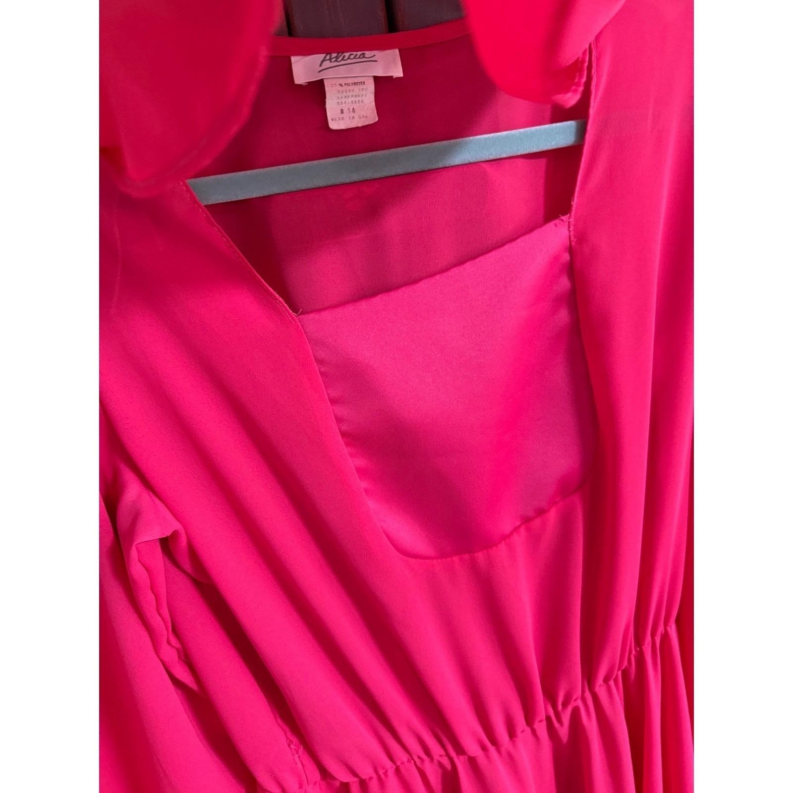 Alicia Vintage Hot Pink Cowl Neck Midi Dress Long Sleeve Elastic Waist Size 14