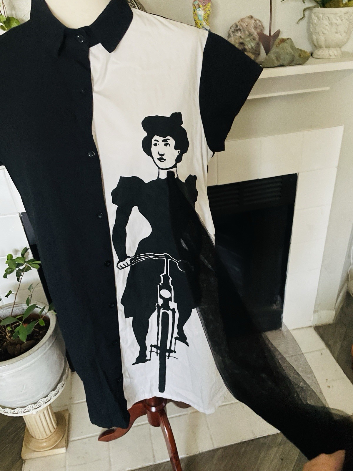 Art Shirt Dress Black White Midi French Cafe Girl Bicycle Lady Tulle S Vintage