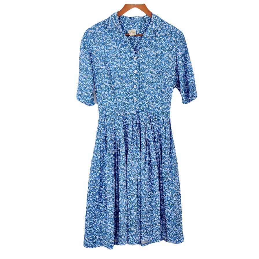 Vintage Midi Dress Dixie Deb Blue Floral Shirtdress Full Skirt S/M
