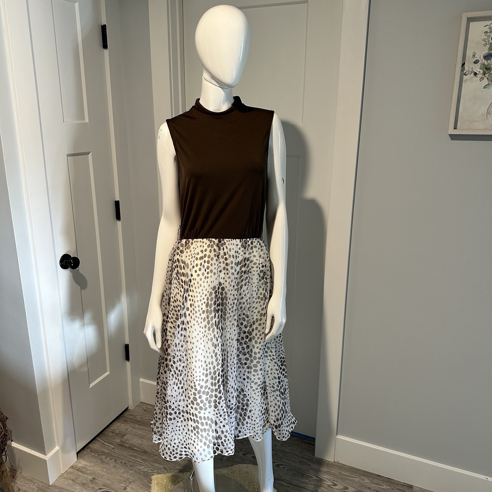 Vintage 60s 70s Jack Bryan Chocolate Brown Polka Dots Chiffon Sleeveless Dress