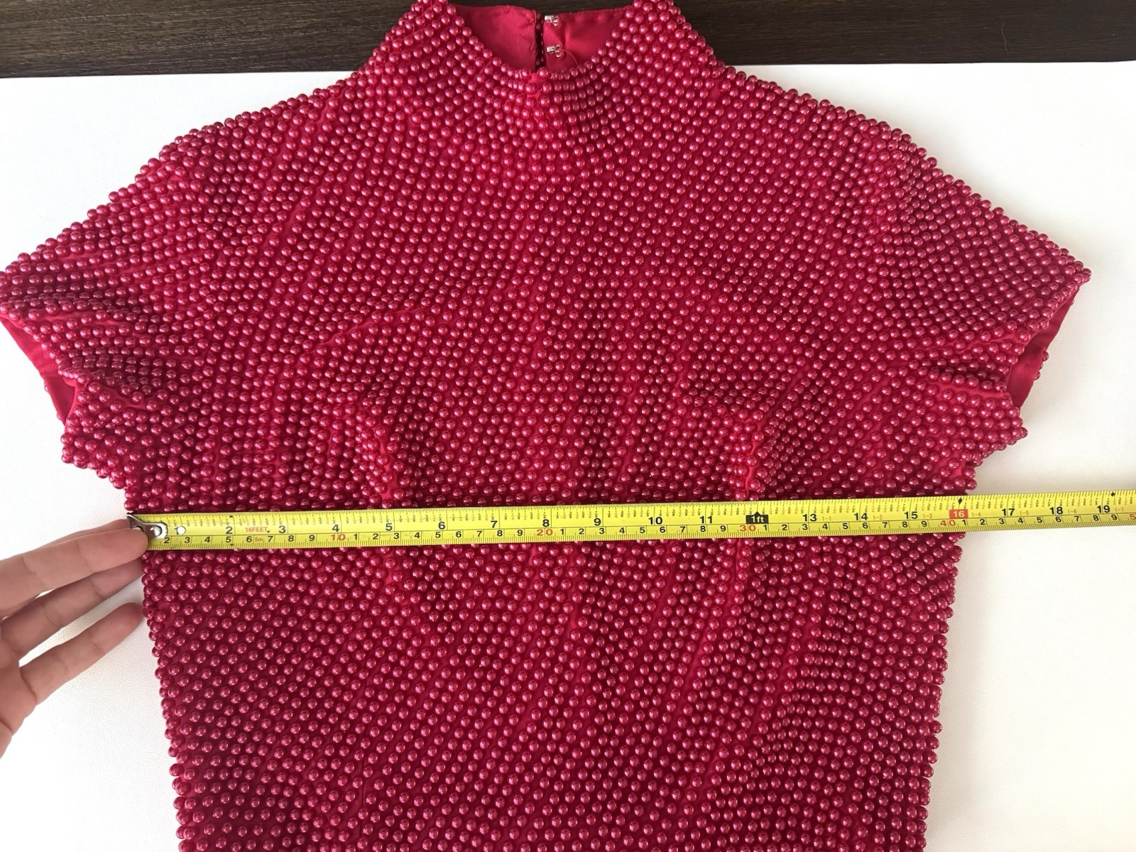 Vintage Cache Red Pearl Beaded Top 80s 90s Mock Neck Editorial Glam Sz 8