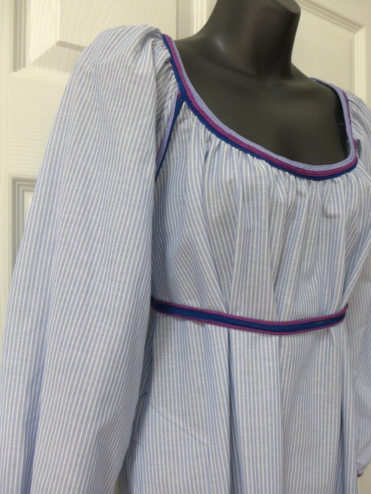 Vintage 1970’s Gil Aimbez Genre Blue White Striped Cotton Purple Braid Dress 6