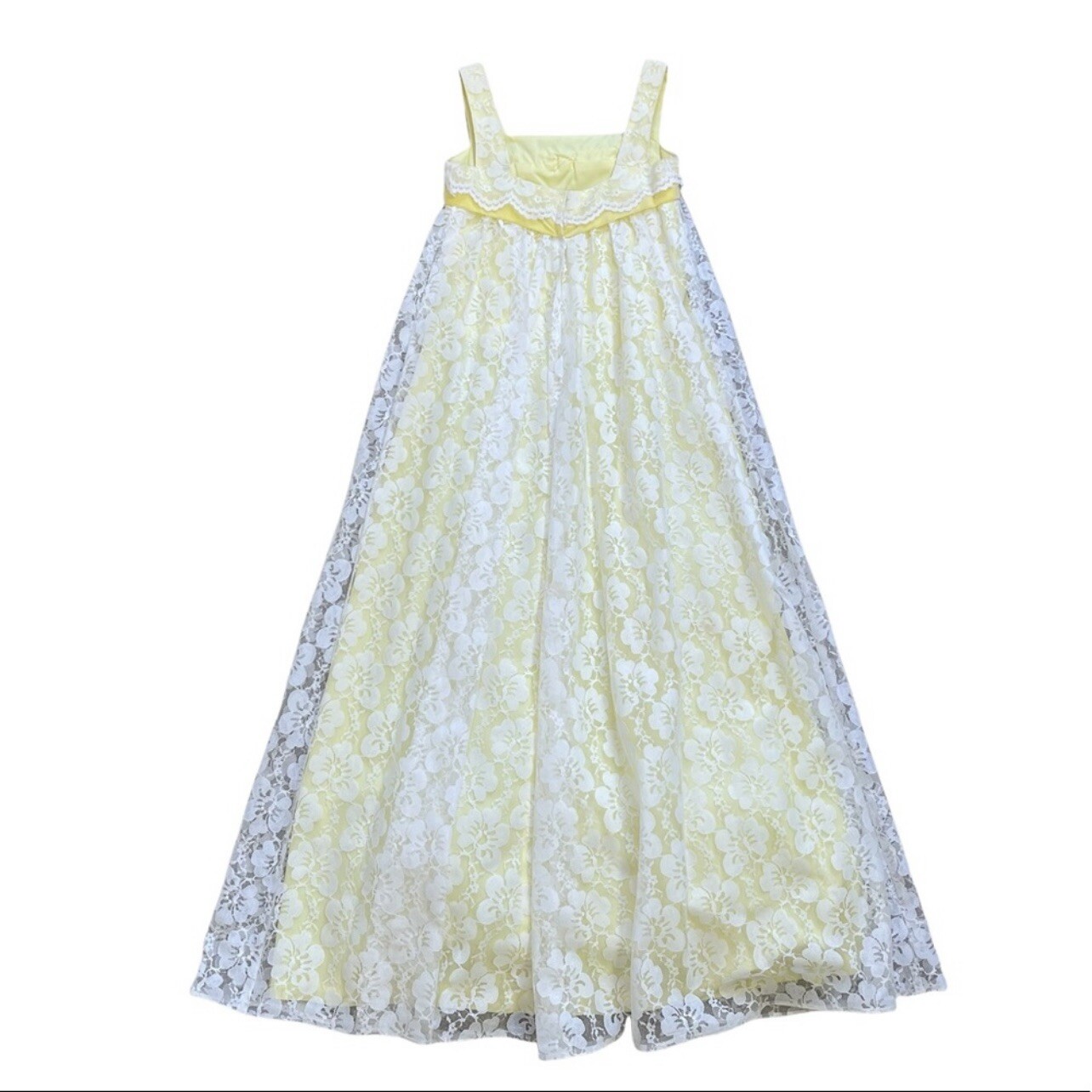 Vintage Victorian Yellow & White Lace Cape Style A-line Maxi Princess Dress
