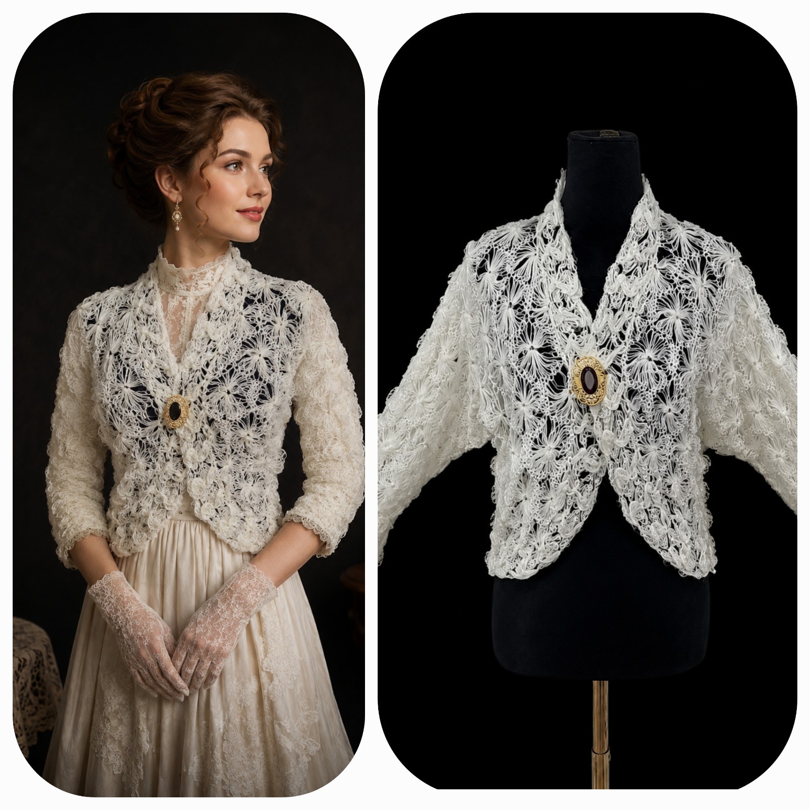 VTG’70s Made in Japan Hand Made Acrylic Crochet Bolero Victorian Style Cardigan.