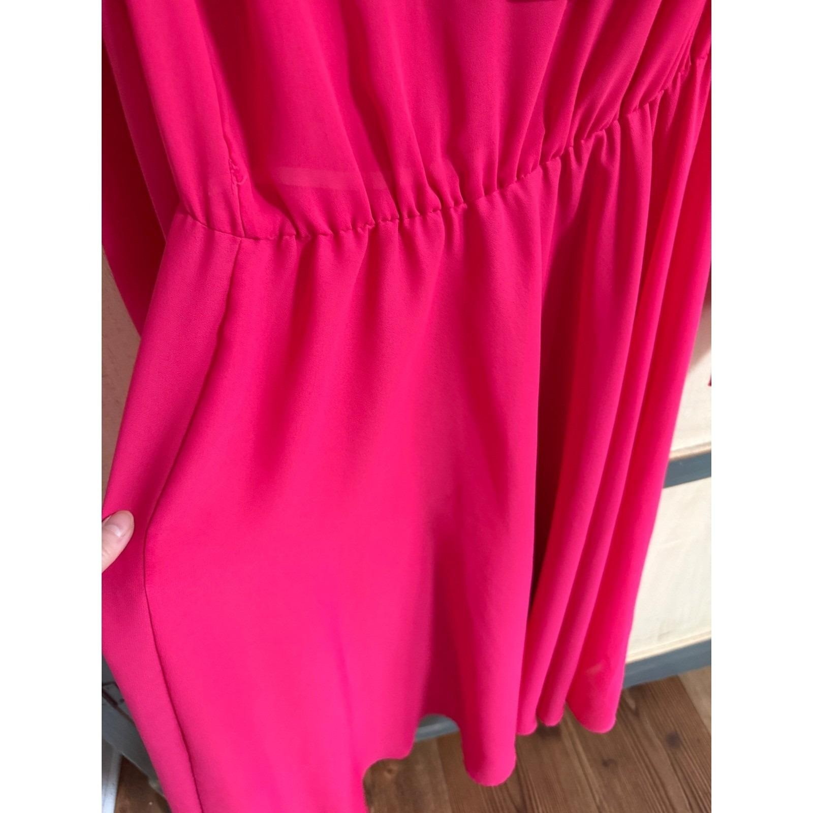 Alicia Vintage Hot Pink Cowl Neck Midi Dress Long Sleeve Elastic Waist Size 14