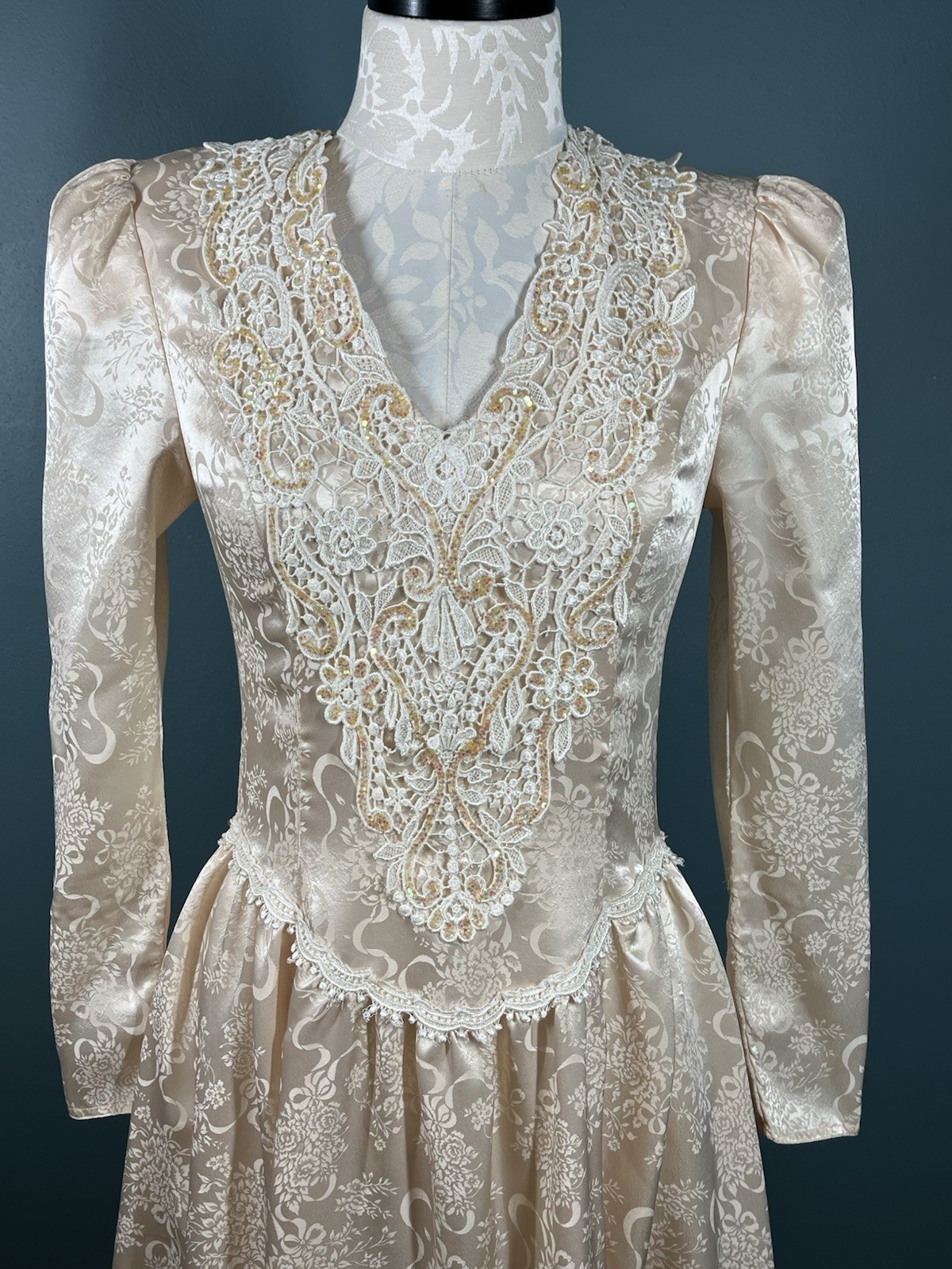 Vintage Scott McClintock Victorian Brocade Dress Peach Glitter Cottage Core Sz 4