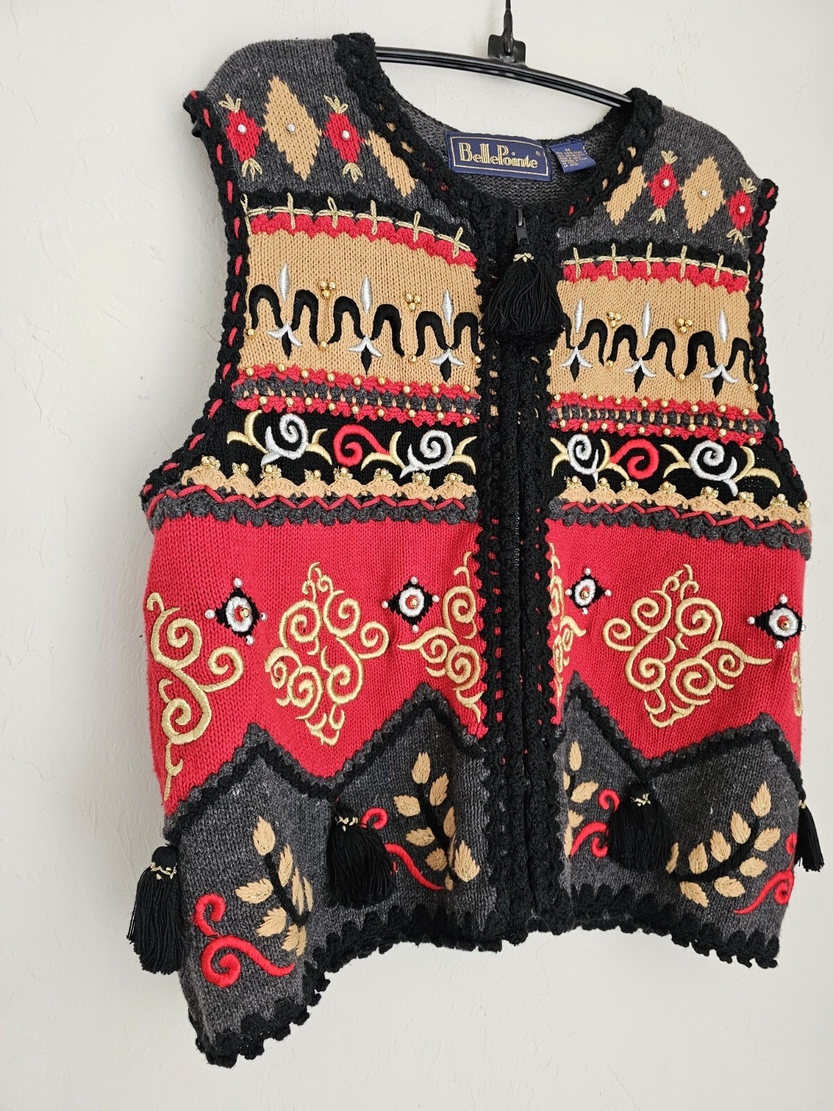 Vintage Belle Pointe Sweater Vest Full Zip Detailed Embroidered Beaded Sz M