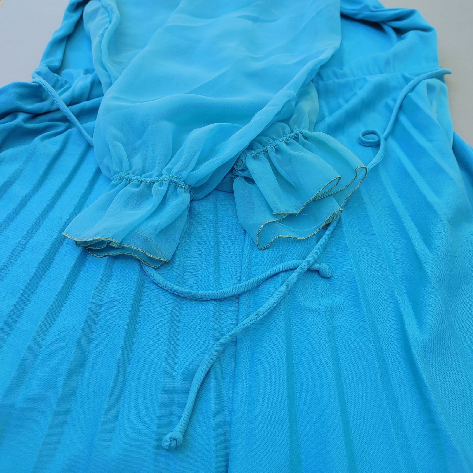 Turquoise Blue Long Sleeve Dress Sz 10 Vintage Sheer Sleeves Pleated Skirt Retro