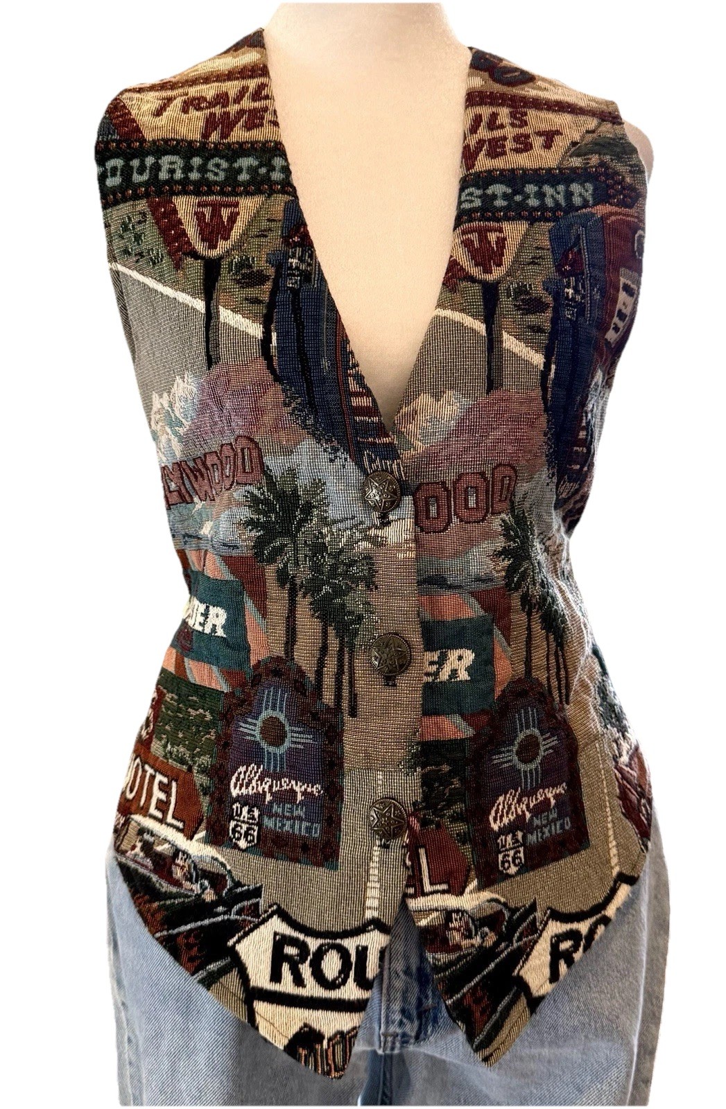 Vintage Route 66 Tapestry Vest Anniversary 1990s Republic Art Deco Y2K Size M