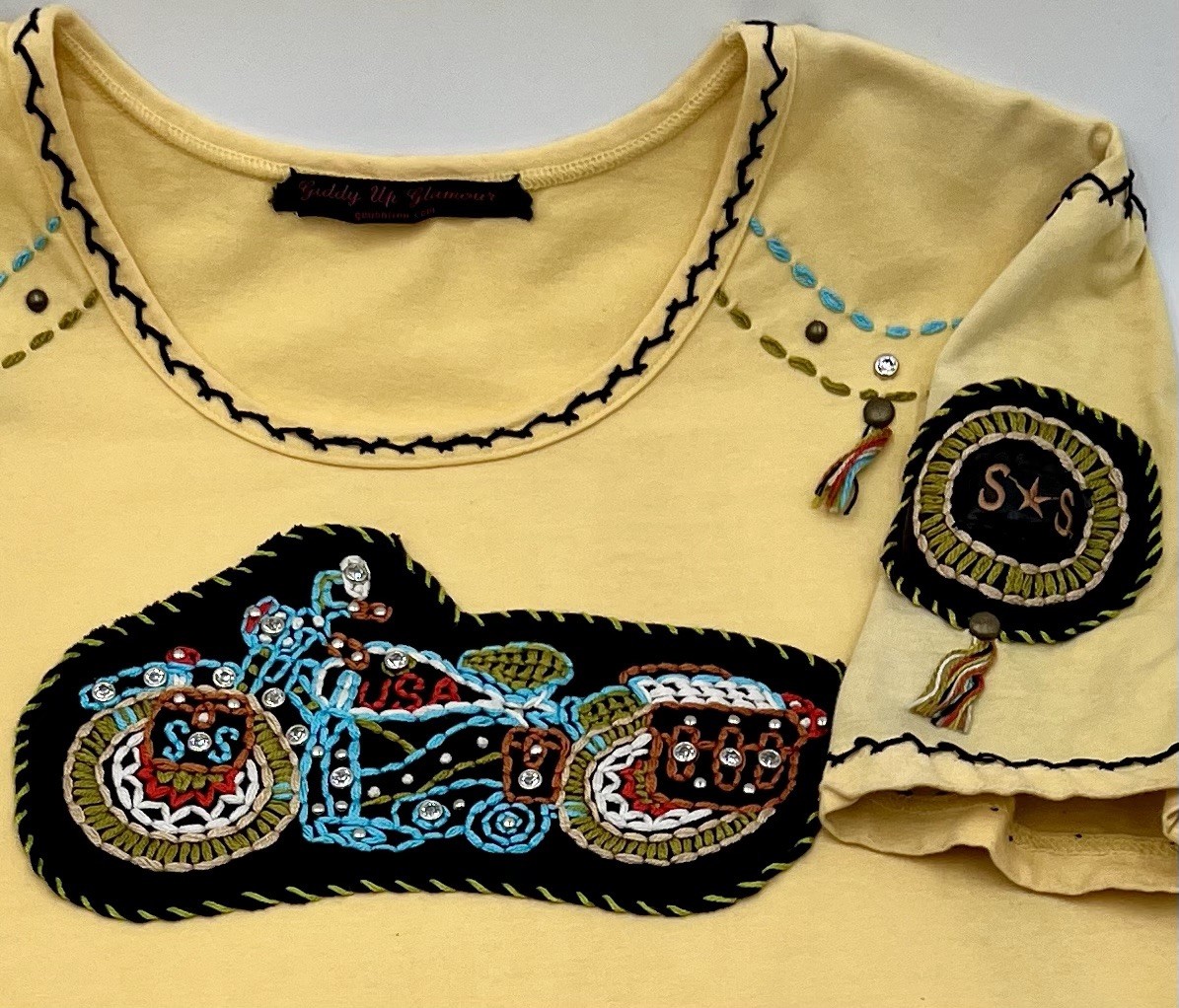 Vintage Y2K Giddy Up Glamour Yellow Motorcycle Embroidered Shirt XL Fits Medium