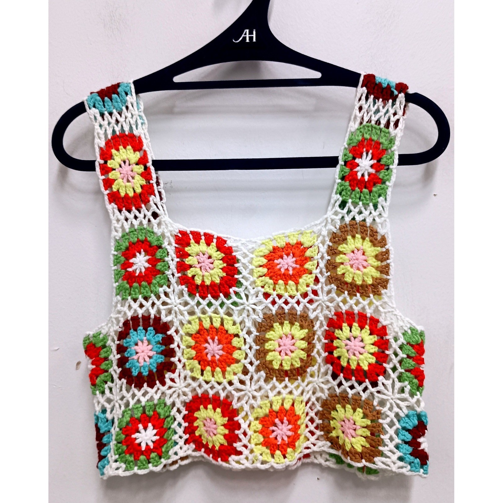 Vintage Crochet Granny Square Crop Top Small Multicolor Y2K Boho Festival