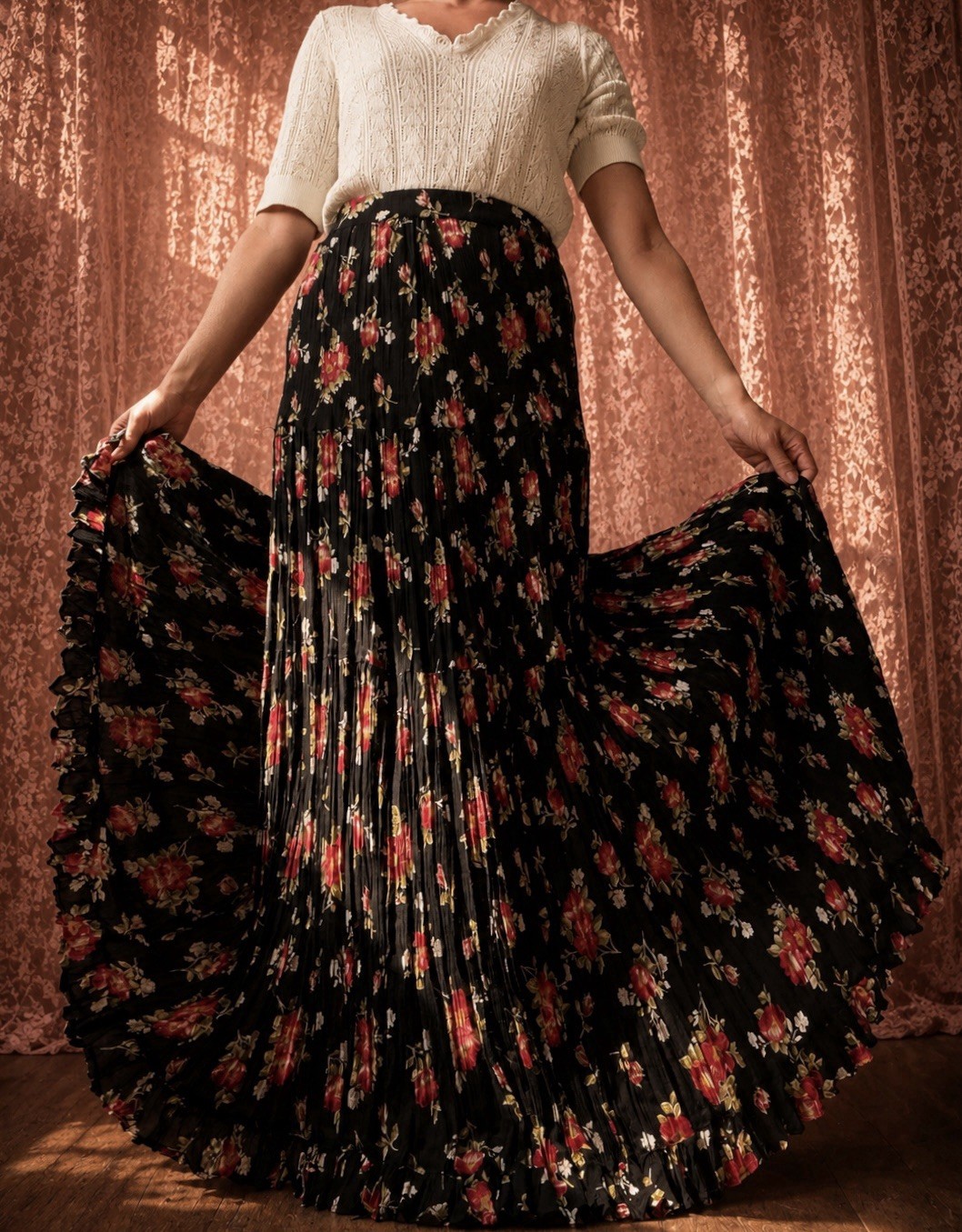 1990s rose rayon full sweep dark romantic skirt
