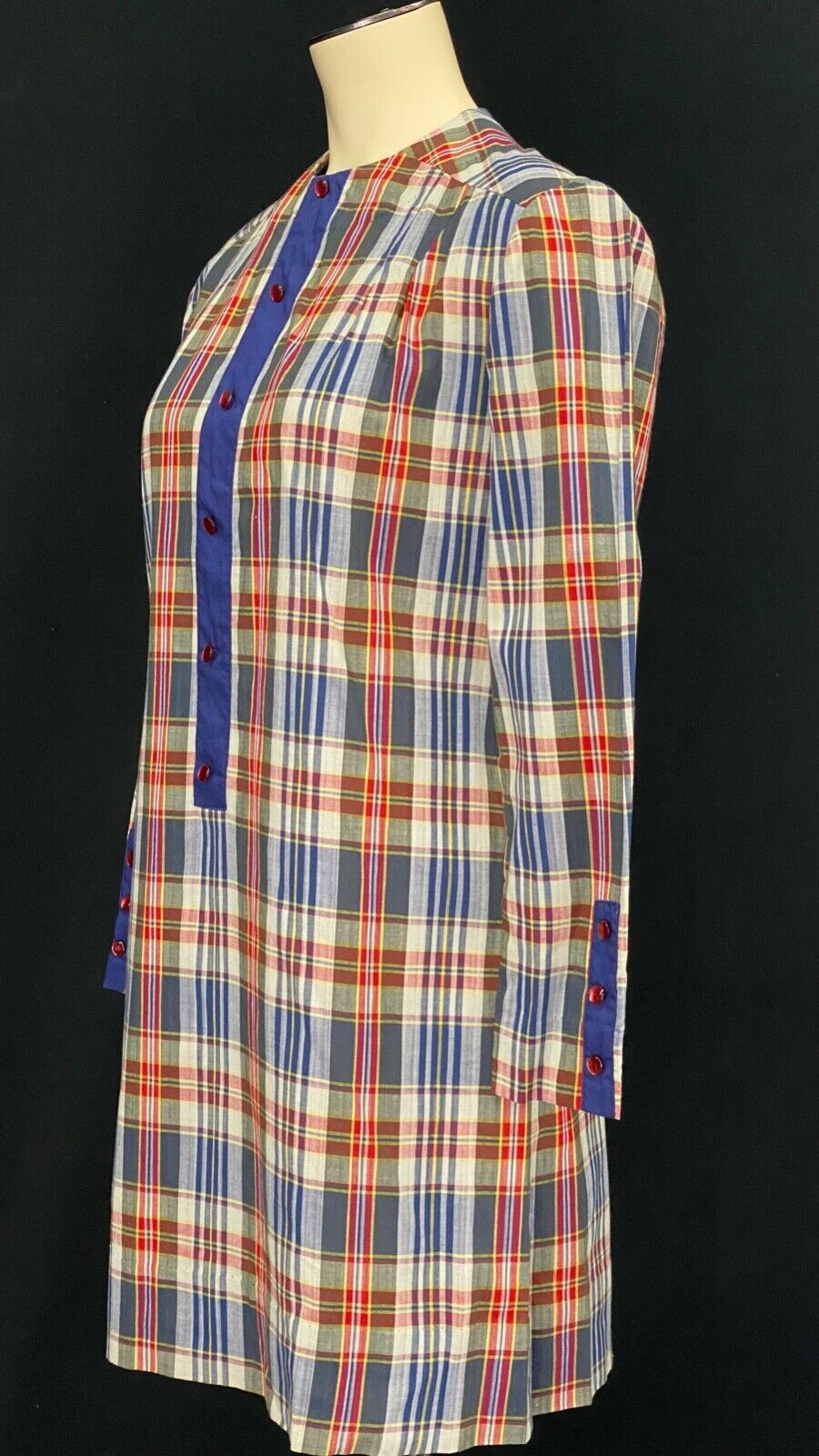 Vintage 1960s plaid mini dress, red white blue long sleeve 1970s cotton XS