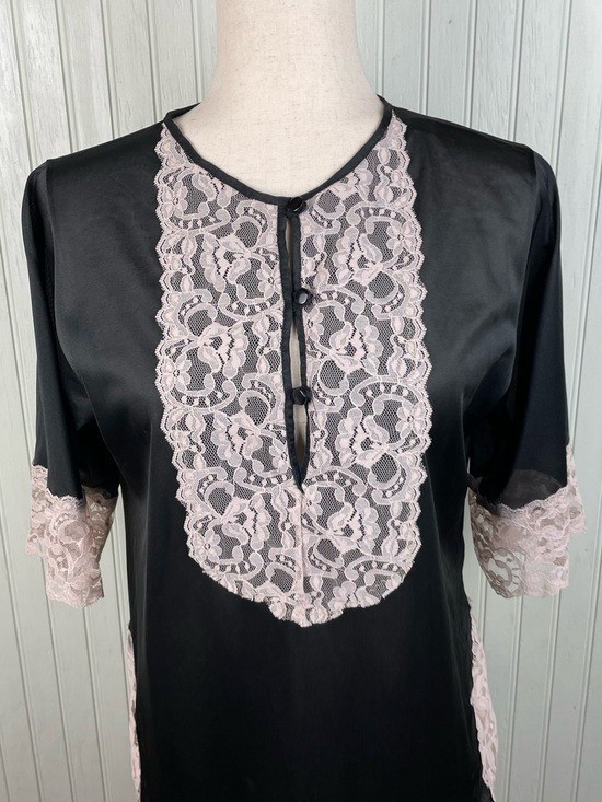 Vintage 60s Erica Loren Black Cream Lace Tunic Nightie Lingerie Top Coquette