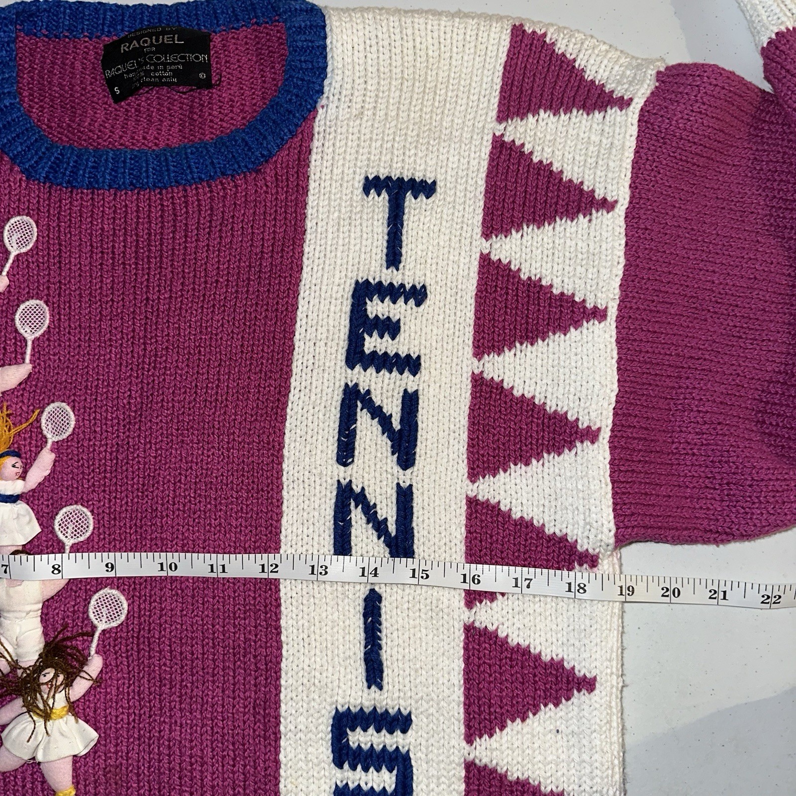 Vintage 1980s Raquels Collection 3D Tennis Knit Sweater Size Small Colorblock