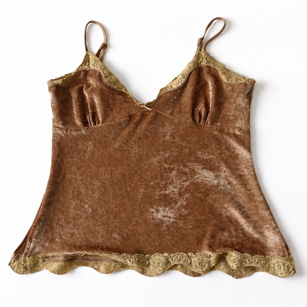 Y2K Vintage MKM Designs Velvet Camisole Top Lace Trim Brown Gold L Slip Tank
