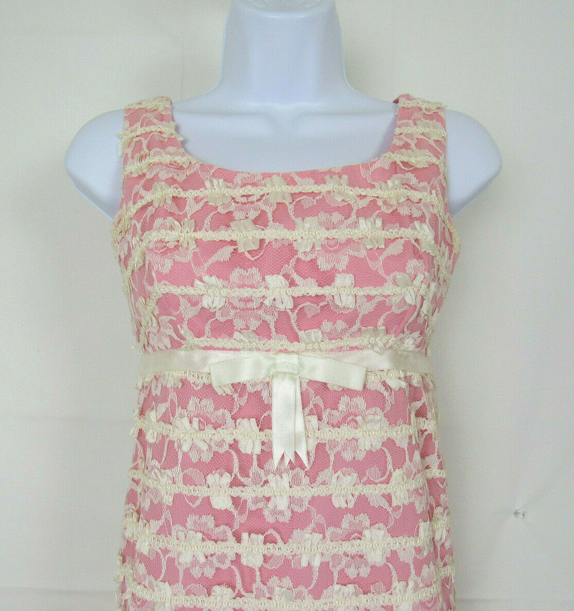 VTG 1950s REICH ORIGINALS MAXI DRESS PINK WHITE LACE MESH BOWS SLEEVELESS