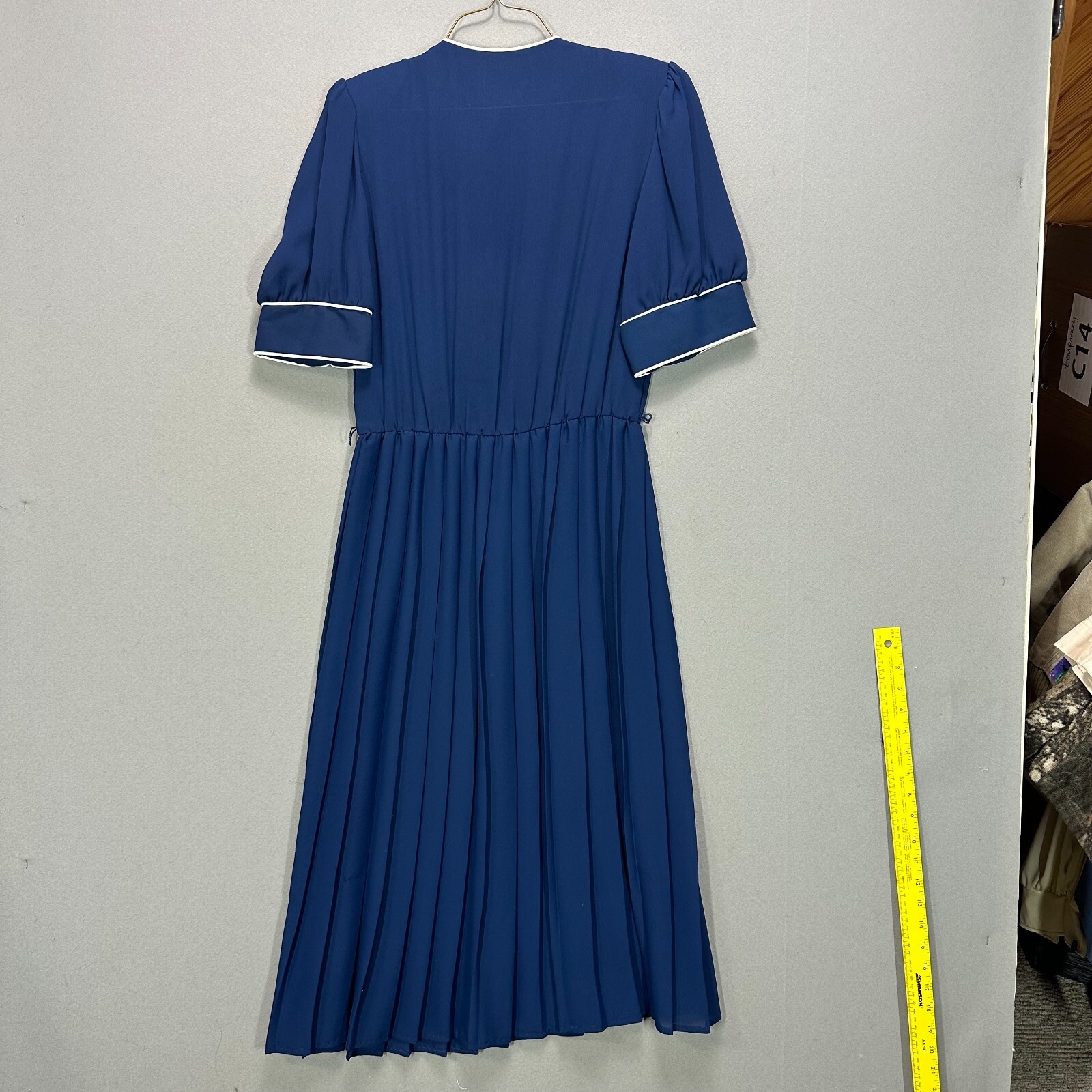 Vintage 70s 80s Navy Blue Dress Size 6 Sailor Pleated Short Sleeve Puff Belted