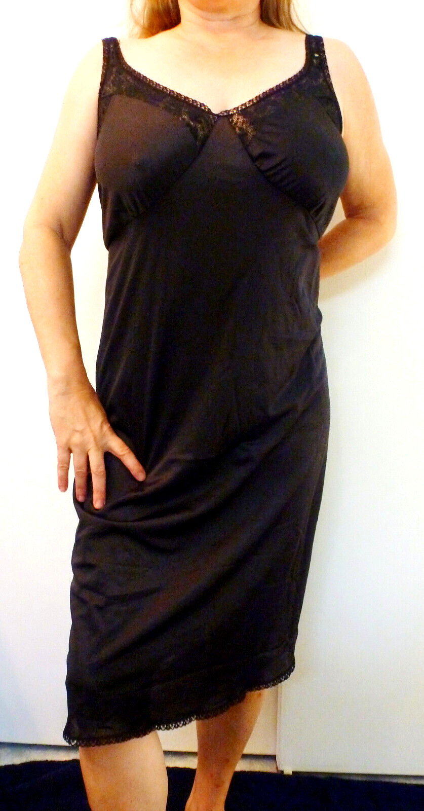 SEXY LOVABLE PLUS SIZE ELEGANT BLACK LACY SATINY NYLON FULL SLIP 50 52 EVC