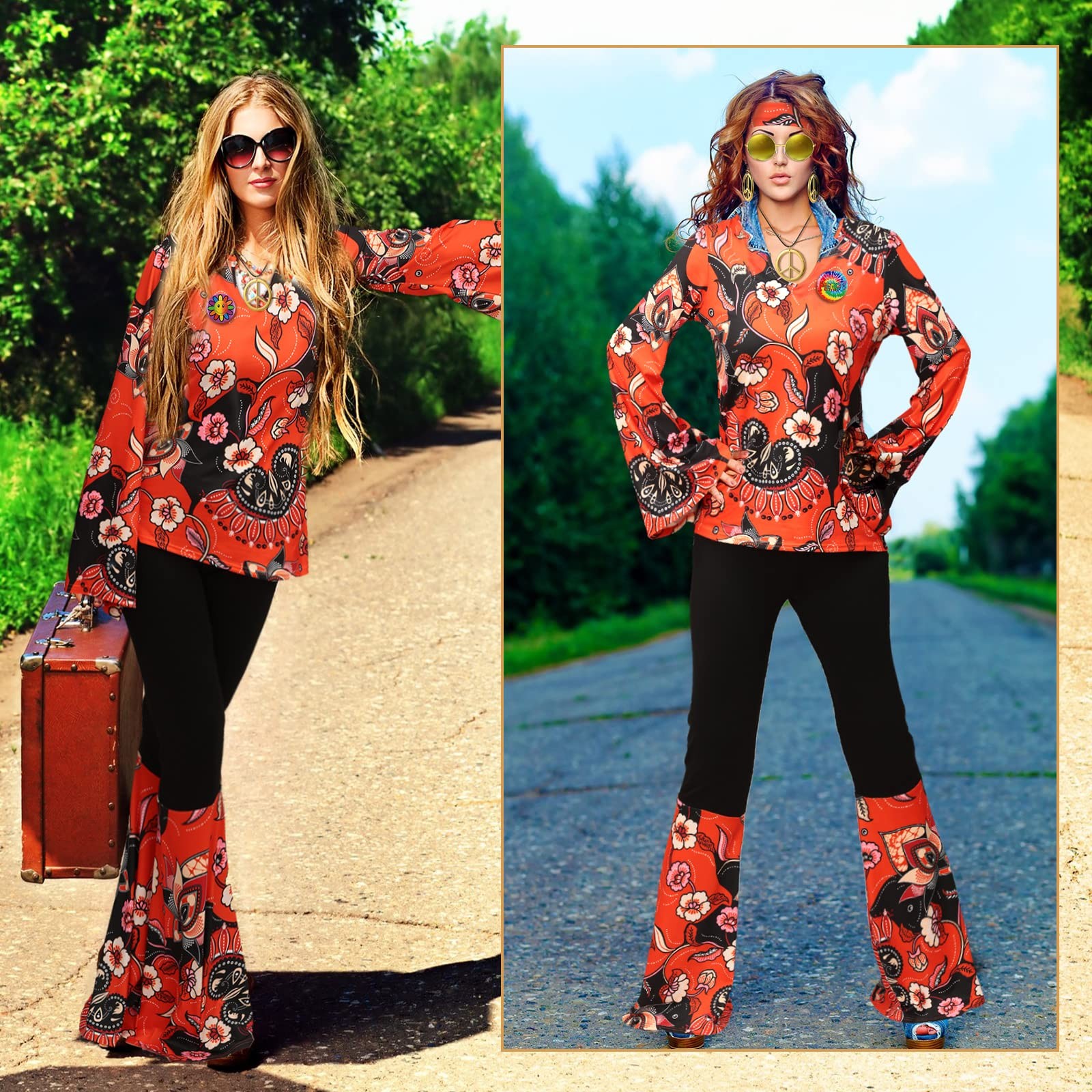 Jiuguva 11 Pcs 60s 70s Outfits for Women Hippie Costume Set X-Large, Red