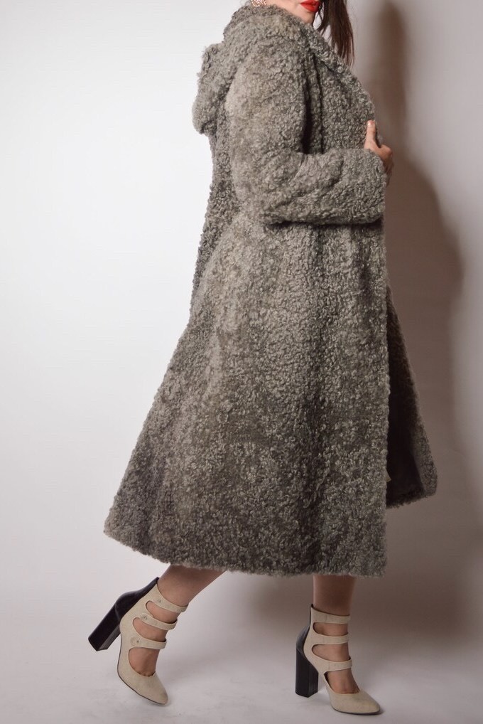 Vintage 50s Gray Greige Curly Viking Lamb Hooded Coat L EUC RARE