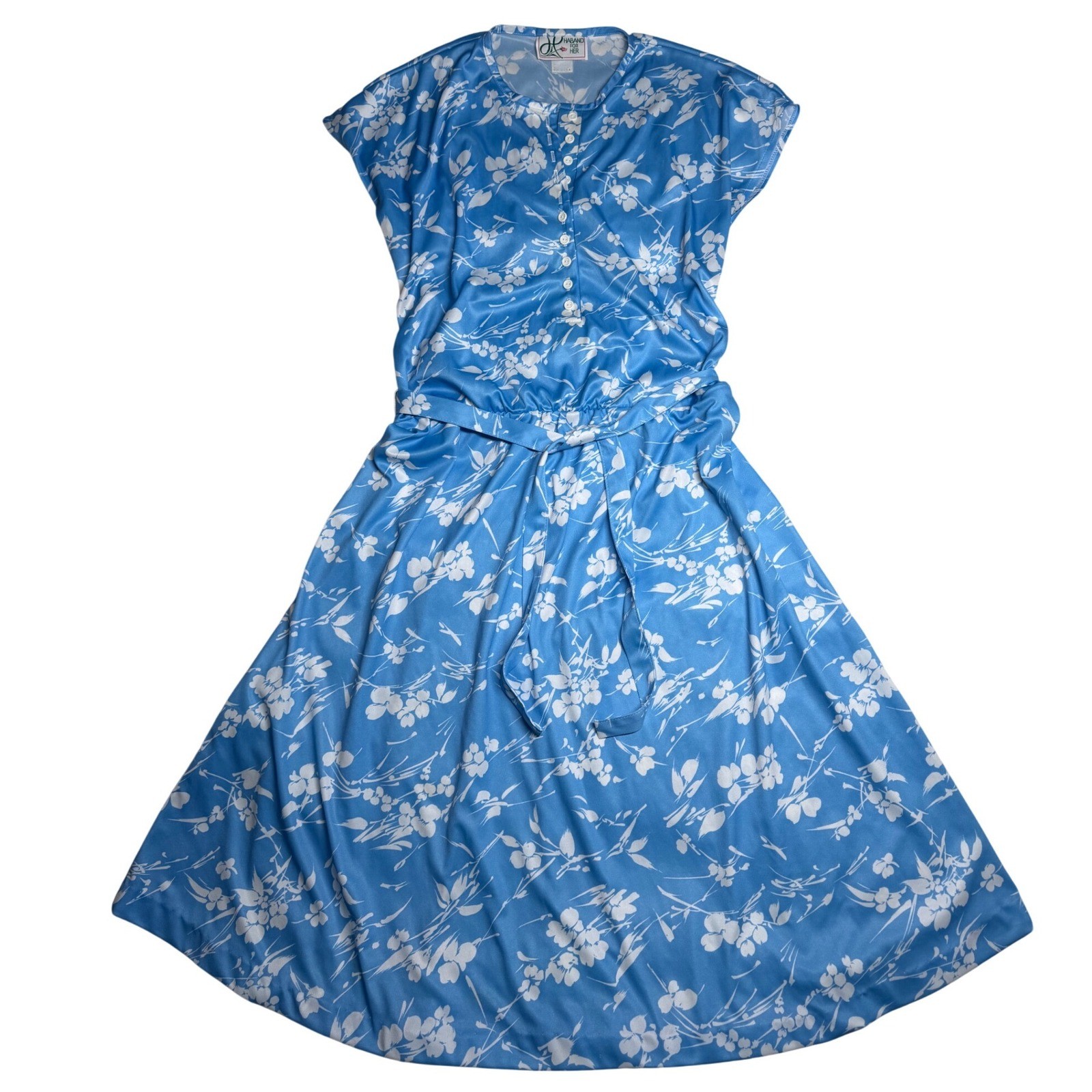 Vintage Haband For Her Midi Dress Blue White Floral Cottagecore Belted Large