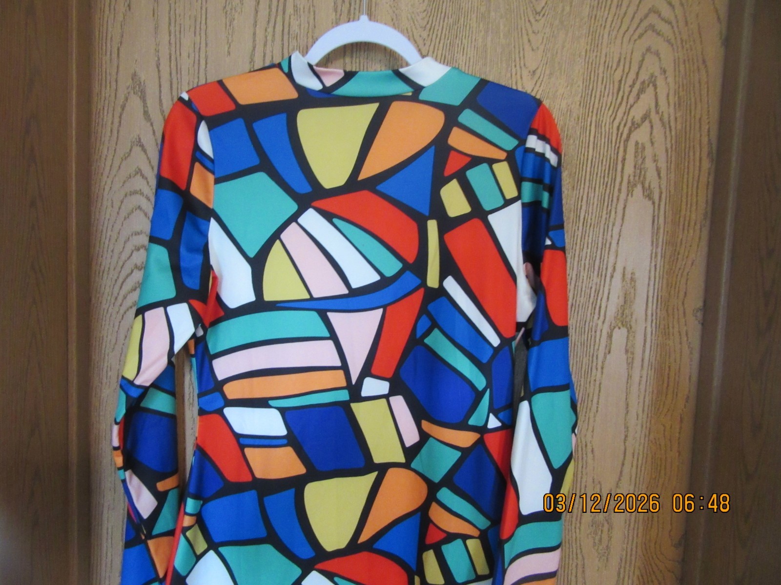 Vintage 60s 70s abstract dress with long sleeves and zippered front.