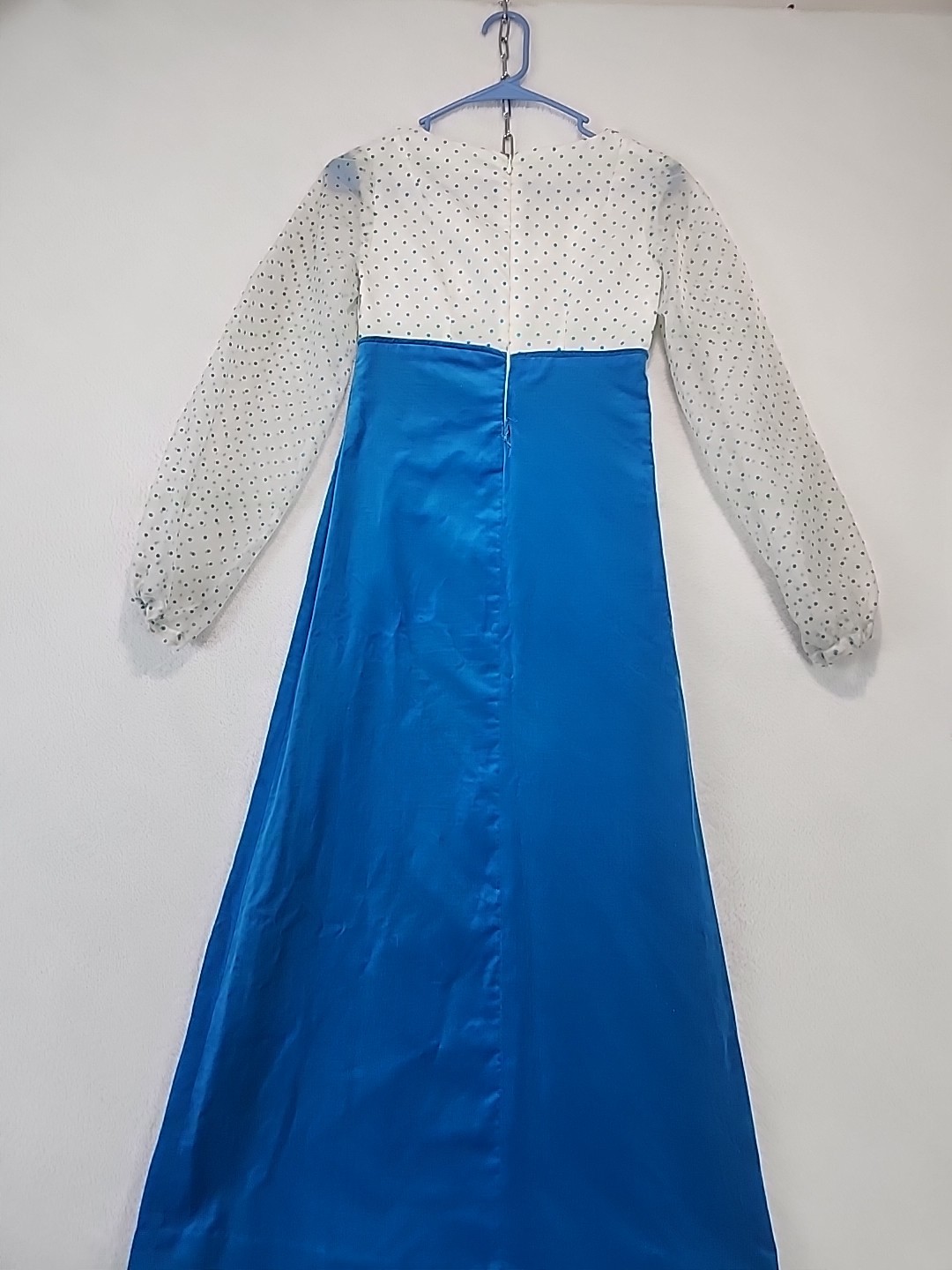 Vtg 60s 70s Empire Waist Maxi Dress Homemade Sheer Sleeve Aqua Blue Velvet